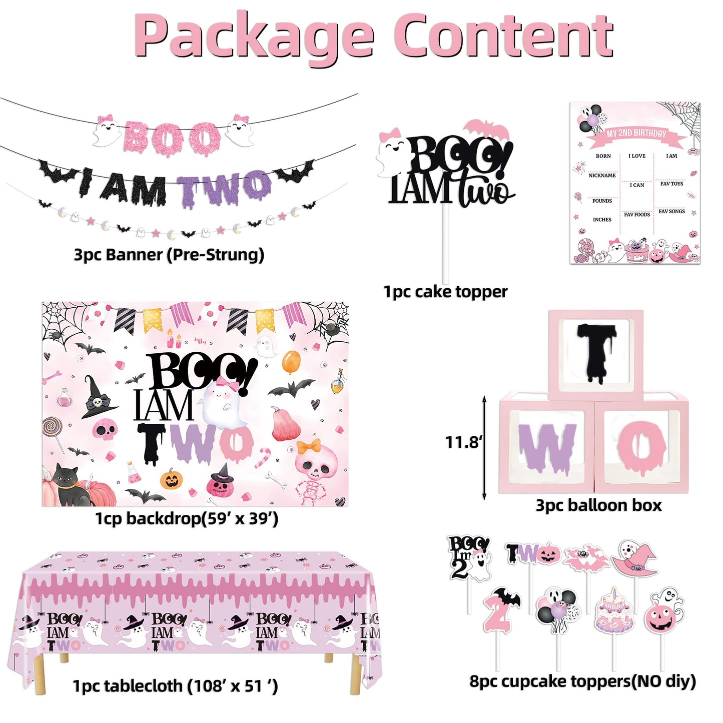 Boo I'm Two Halloween Decorations - 2nd Birthday Party Decorations for Girls - Pink & Purple Ghost, Bat Balloons