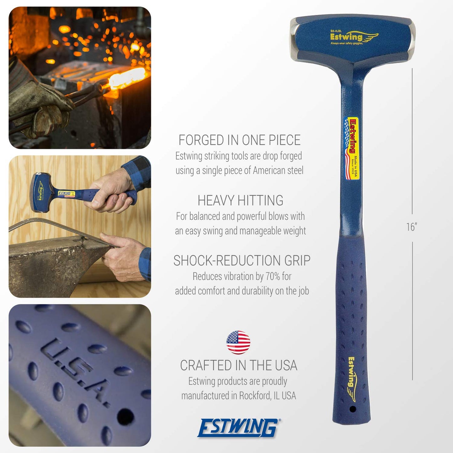 4 lb Mash Hammer-16 Long Hdl-Single pc Forged STL w/Nylon-Vinyl Soft Grip