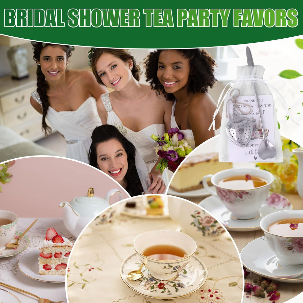 32 Sets Bridal Shower Tea Party Favors for Guest Heart Tea Infuser Tea Spoon Tea Steeper for Loose Tea with Thank You Cards Organza Bags and Hemp Rope for Wedding Gift Souvenirs, No Tea (Silver)
