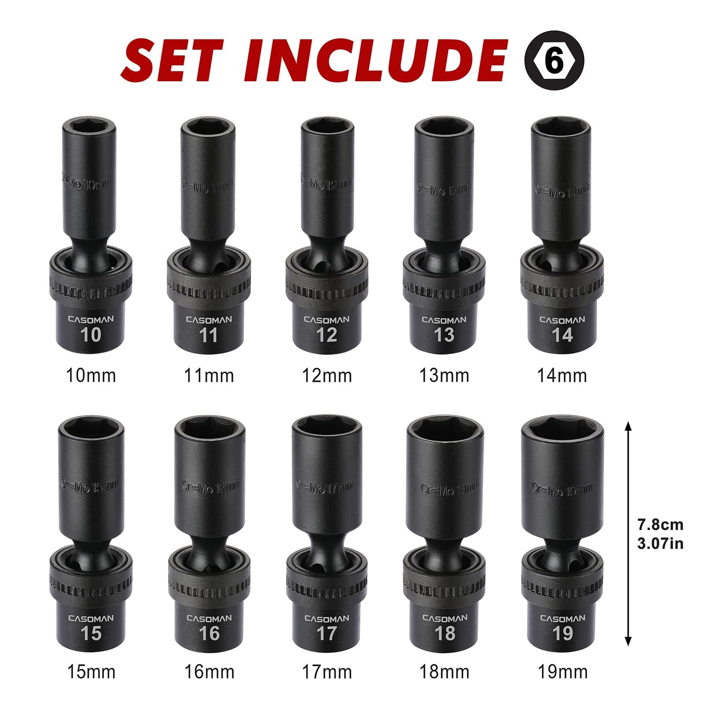 CASOMAN 10 PCS 3/8" Drive Deep Standard Universal Impact Socket Set, 6 Point, CR-MO, Metric,10-19mm
