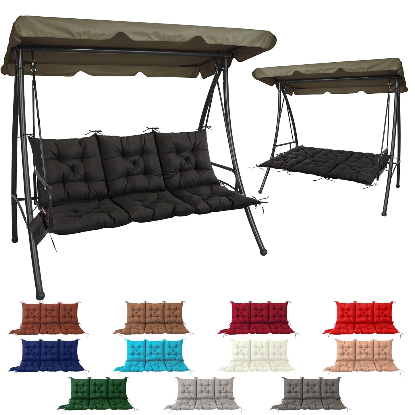 3-Seater Swing Cushion for Porch Swing - 59x39x4 Inches Waterproof Outdoor Bench Seat Pad with Ties, Soft Polyester Fiber Cushion for Garden, Patio, and Deck Swings (Black)