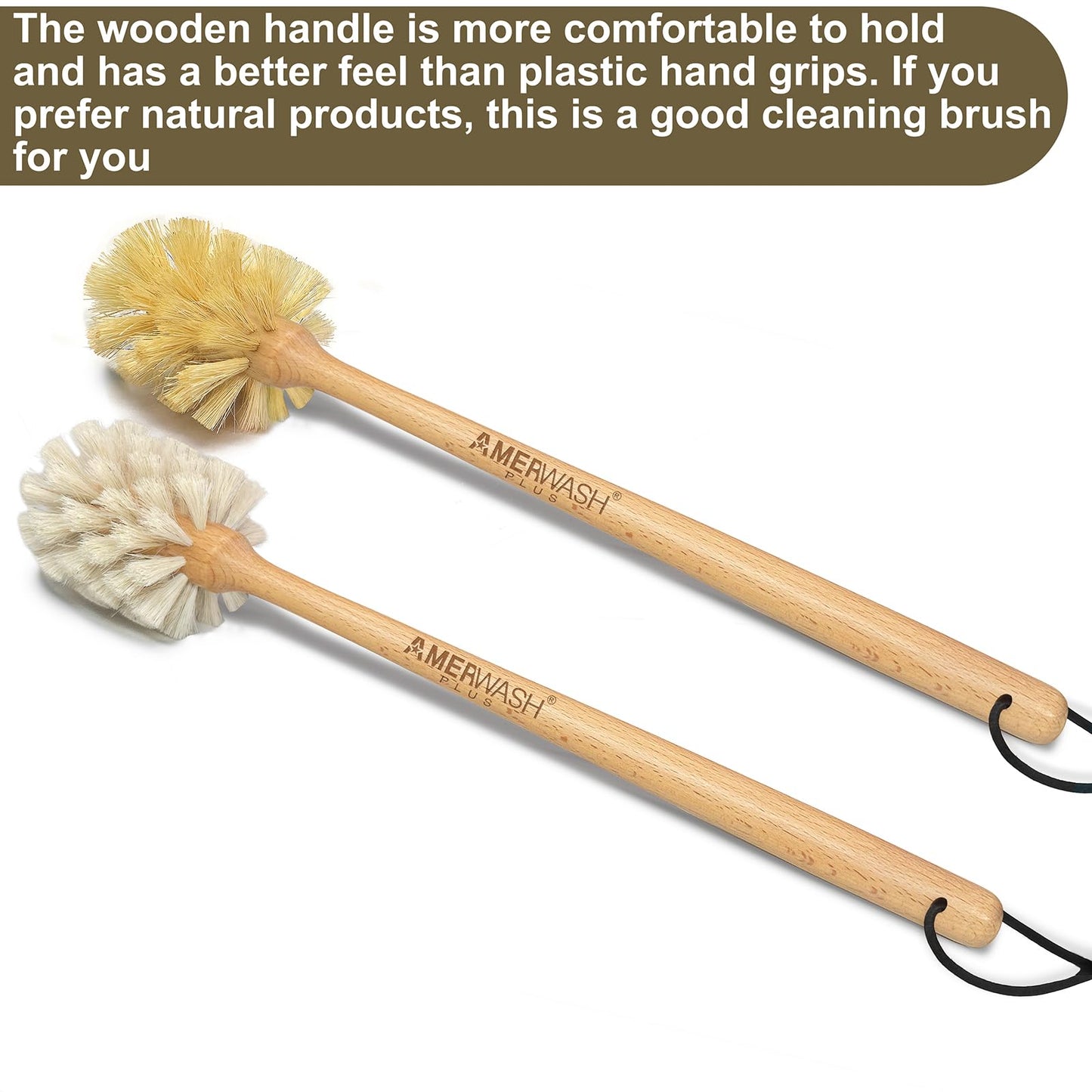 Bottle Brushes with Natural Bristles, 13-3/4 Inch Long Wood Handle Bottle Brush Cleans and Scrubs Wide Mouth Jars, Glasses, Vases, Mugs and Pitchers, Sisal + Horsehair Bristles 2 Pack