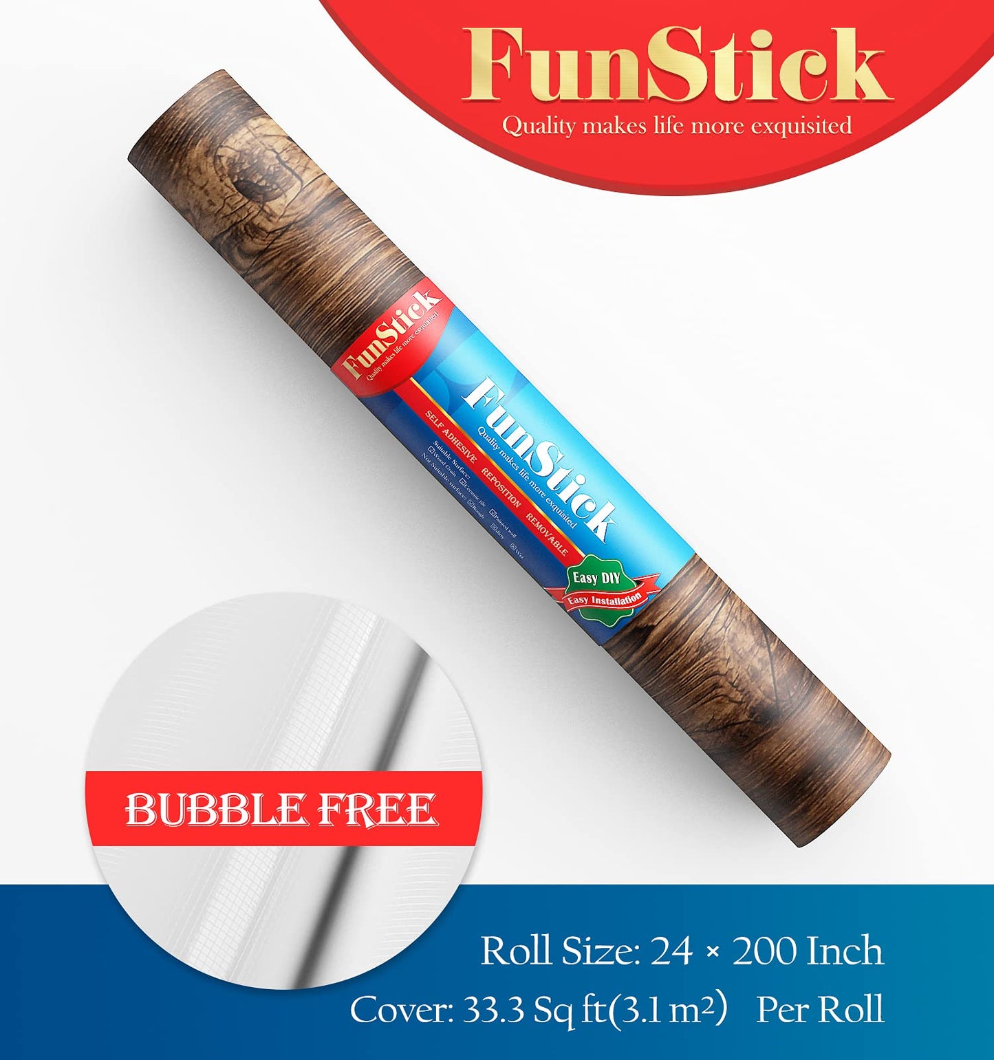 FunStick 24" x 200" Brown Wood Contact Paper for Cabinets Kitchen Countertops Rustic Wood Wallpaper Peel and Stick Distressed Wood Adhesive Paper Thick Wood Grain Removable Wallpaper for Furniture