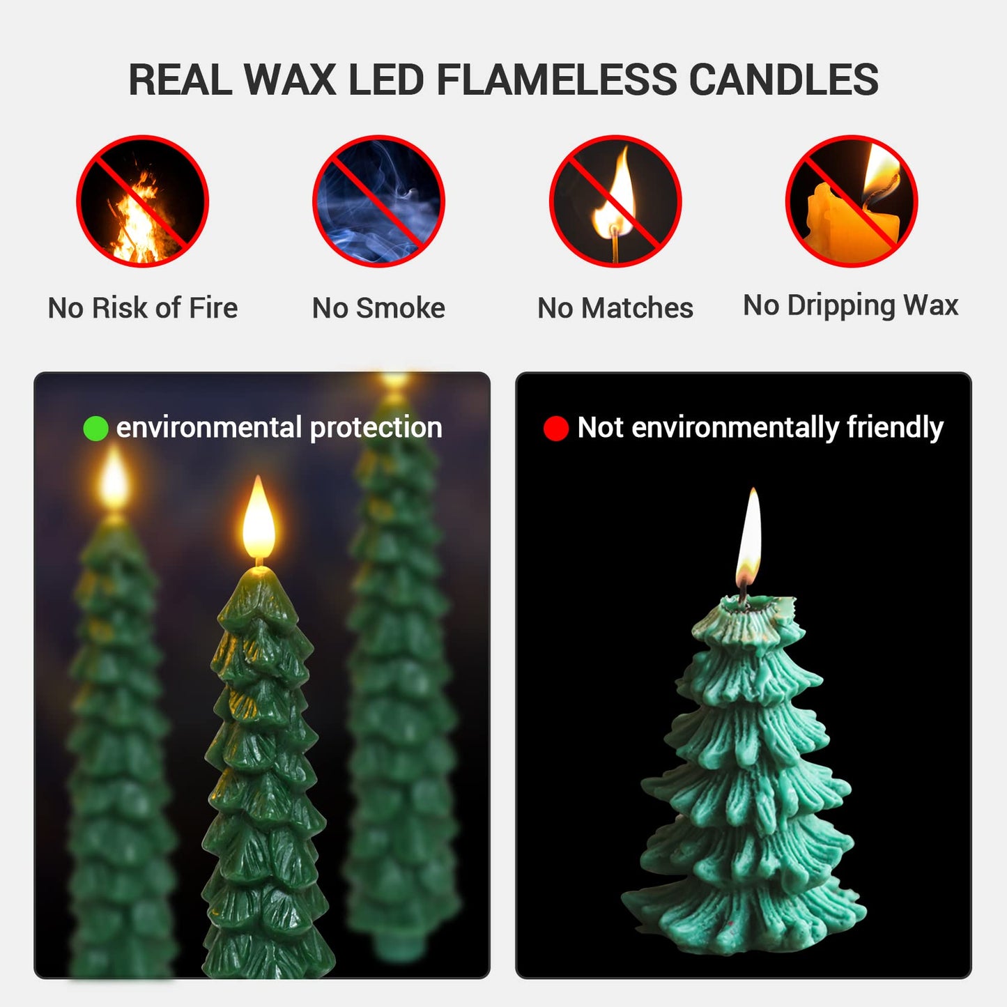 3 Pack Flameless Taper Candles with Remote Timer, 9.7 Inches Real Wax Christmas Tree Candlesticks, Battery Operated Window Candles for Xmas Fireplace Holiday Home Party Decor