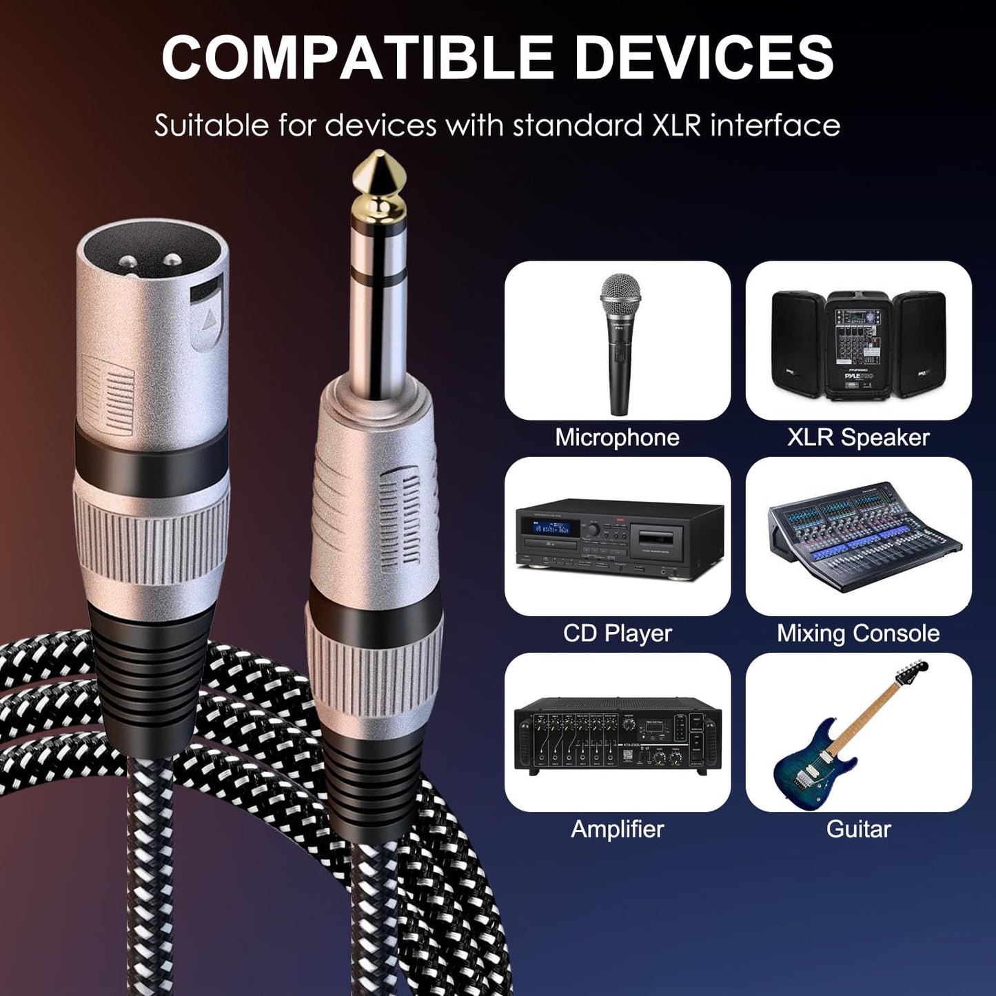 KINXIYU XLR Male to 1/4 Inch TRS Cable 30 FT, Nylong Braided XLR 3 Pin Male to Quarter inch 6.35mm TRS Balanced Interconnect Wire Mic Cord (Pure Copper Conductors)