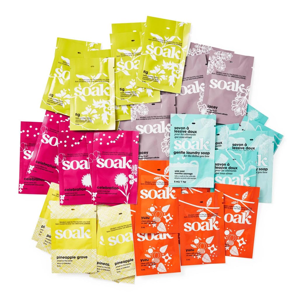 Soak β Minisoak Travel Pack, Assorted, Pack of 48 | No Rinse, Plant Derived Hand Wash Detergent | 5mL, Single Use
