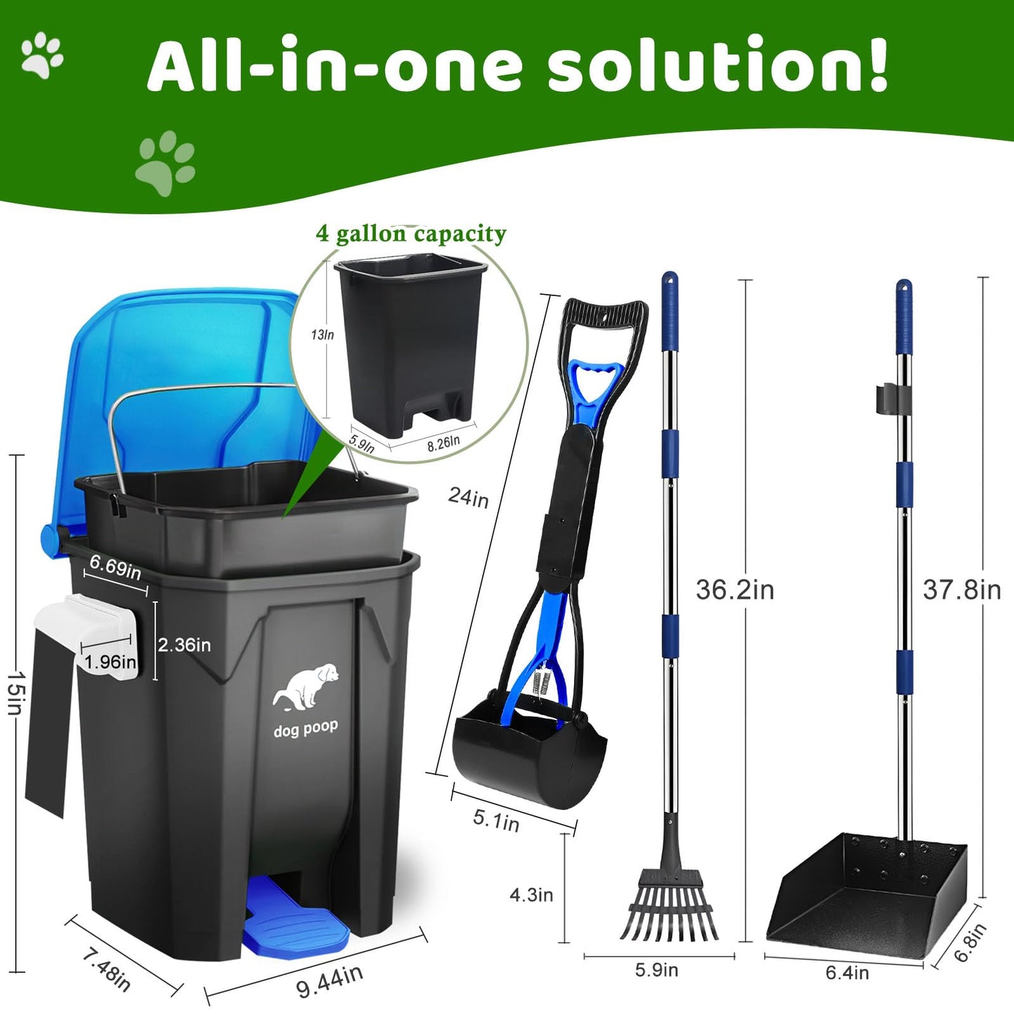 Uppcasir 20L/5Gal Dog Waste Trash Can with Lid, Pedal, Pooper Scooper, Metal Rake & Tray, 100 Bags, Blue