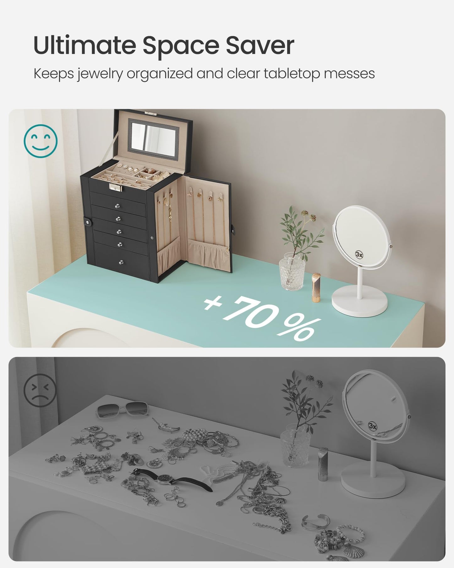 SONGMICS 6-Tier Jewelry Box Organizer with 5 Drawers, Lockable Jewelry Storage Case with Mirror, Necklace Hooks, Watch Storage, Large Capacity, Gift for Loved Ones, Black UJBC152B01