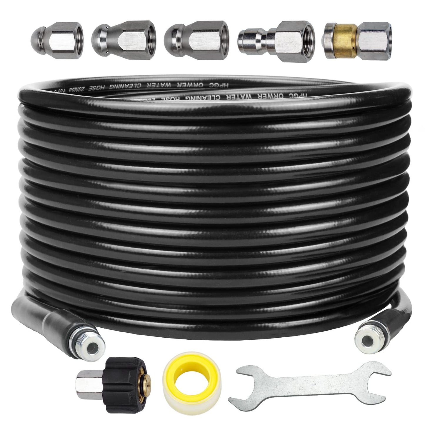 DERASL Sewer Jetter Kit for Pressure Washer 100FT, Newest 5800PSI Drain Cleaner Hose 1/4" NPT Angle, Accessory with 2 Spanners, 6Jet Nozzles, with Pearl Brooch and Waterproof Tape
