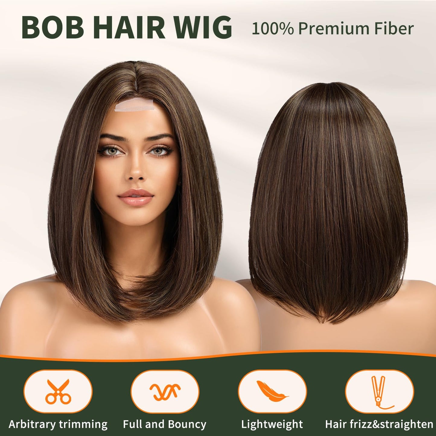 KOME Natural Brown Highlight Short Bob Wigs,Brown Straight Shoulder Length Wigs for Women,Middle Part Heat Resistant Fibre Synthetic Wig Daily Use…