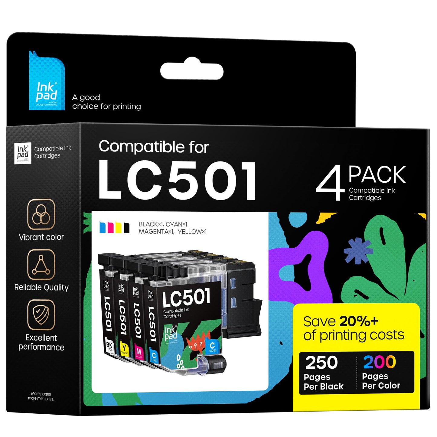 Compatible with LC501 Ink Cartridges Compatible for Brother LC 501 Work for Brother MFC-J1360DW, MFC-J1410DW, MFC-J1260DW Printer (4 Pack, Black Cyan Magenta Yellow)