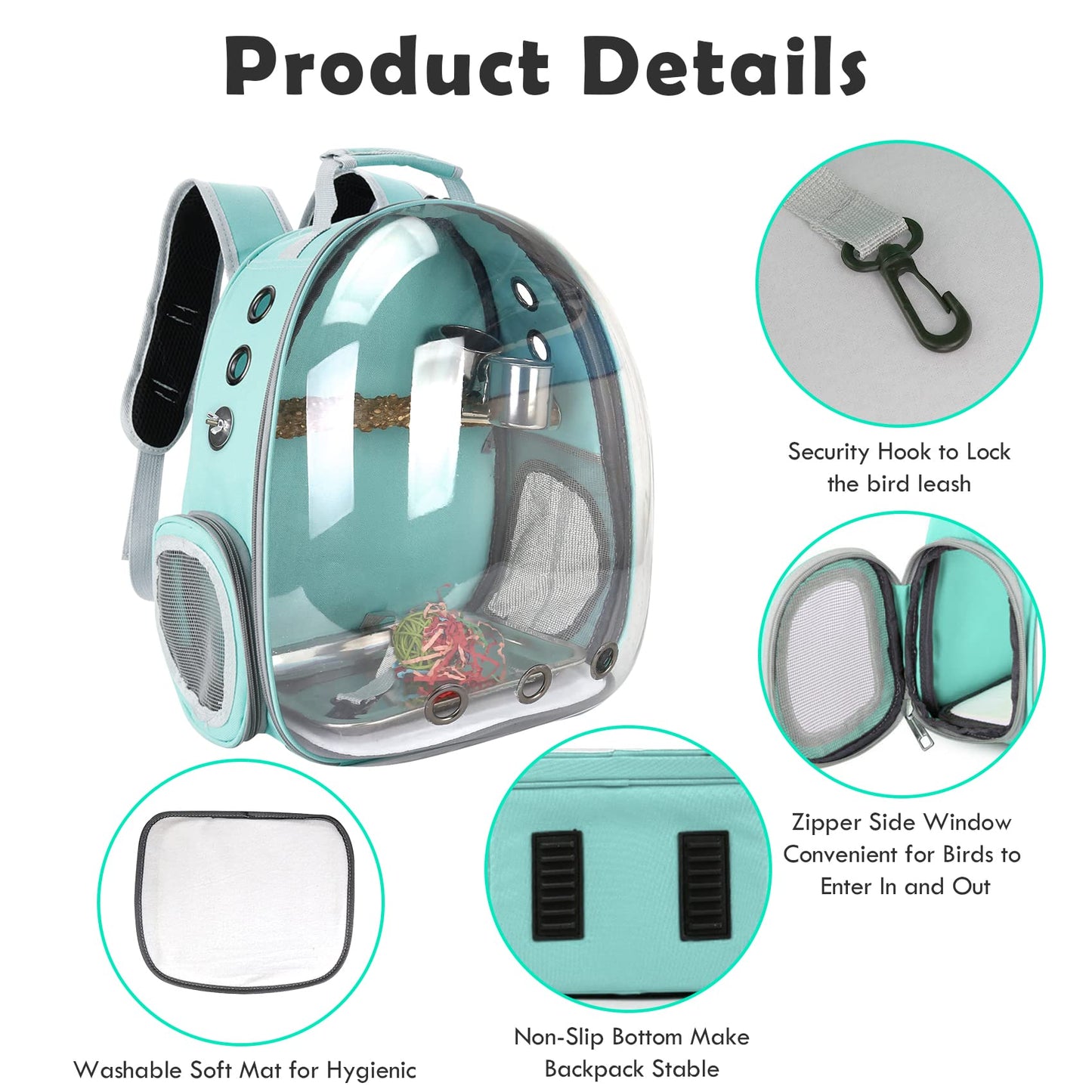 Bird Backpack Carrier with Perch, Portable Bird Travel Cage Bag, Clear Parrot Carrier Cockatiel Cage with Toy Stainless Steel Food Bowl Tray for Conures Parakeet Budgie Canary Lovebirds Small Animals