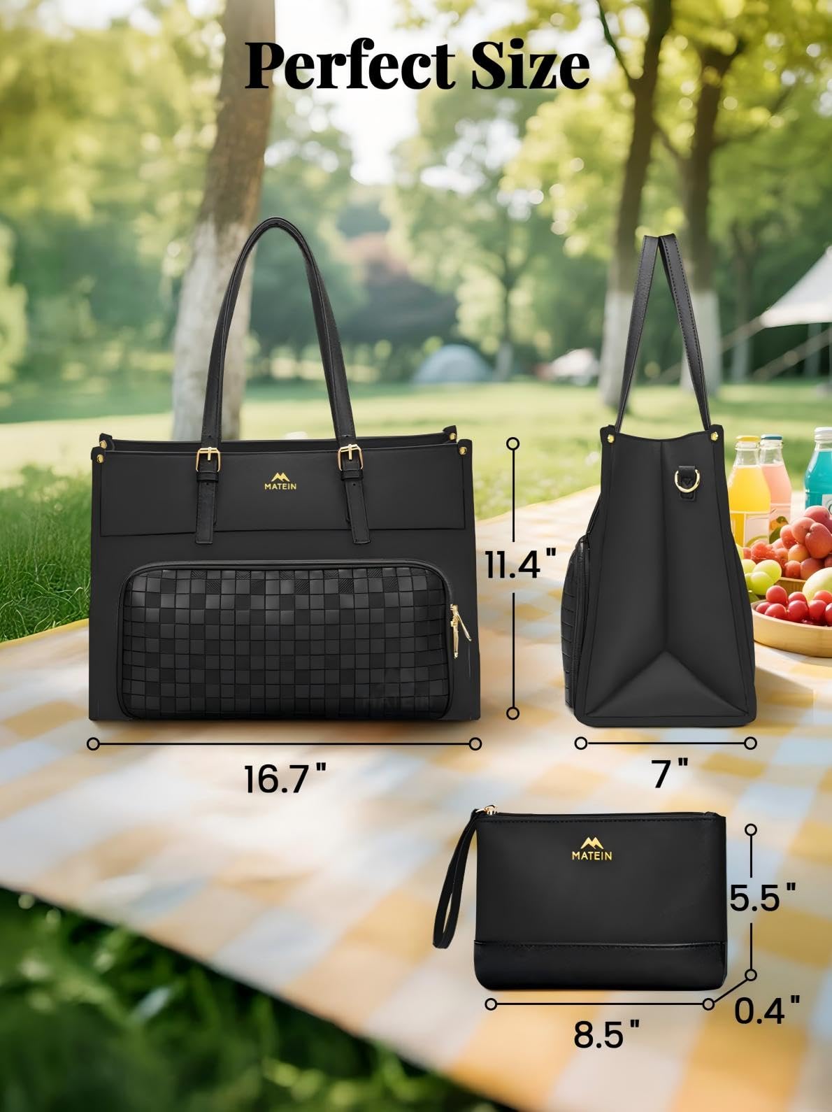 MATEIN Laptop Bags for Women, Work Bag with Lunch Compartment, Work Tote Bags with Clutch,Large Lunch Bags for Office, Daily Use, 2 Sets, Black