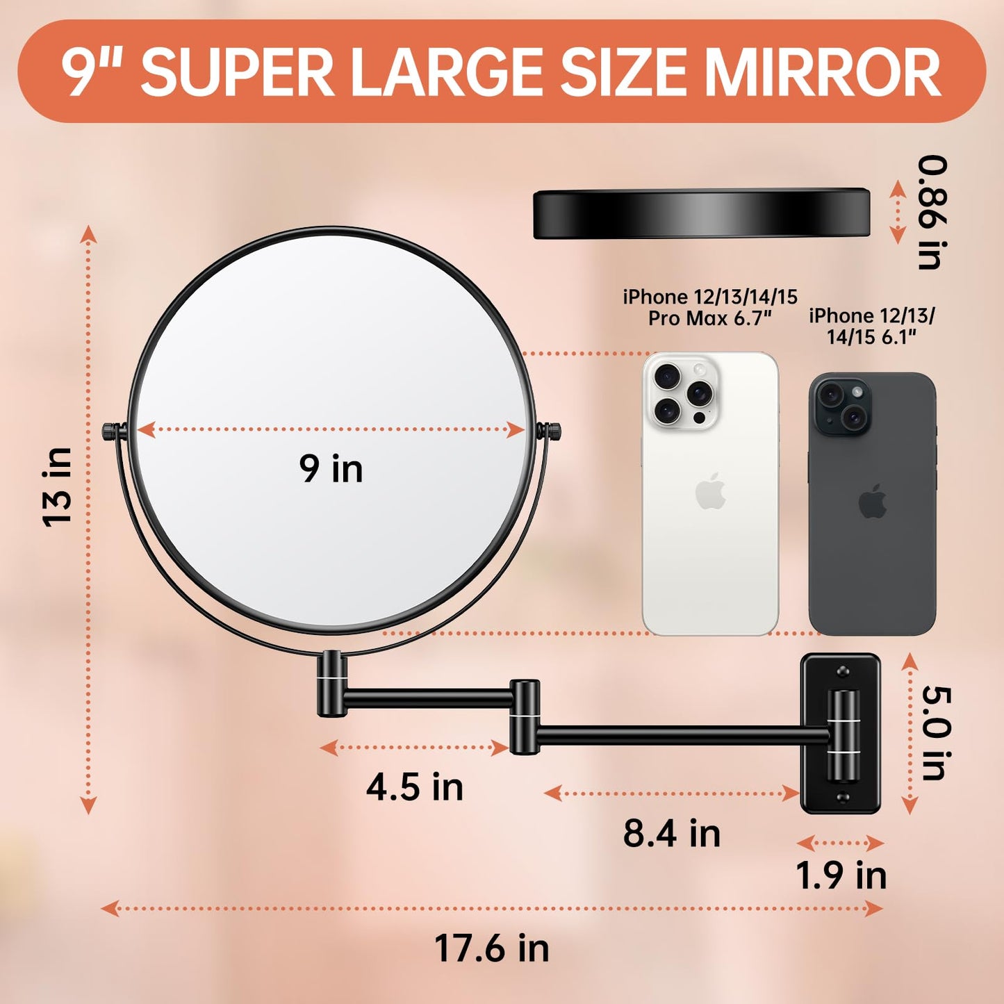 Benbilry 9" Large Size Wall Mounted Makeup Mirror, 1X/10X Magnifying Double Sided Shaving Mirror for Bathroom, 360° Swivel Extendable Arm Black