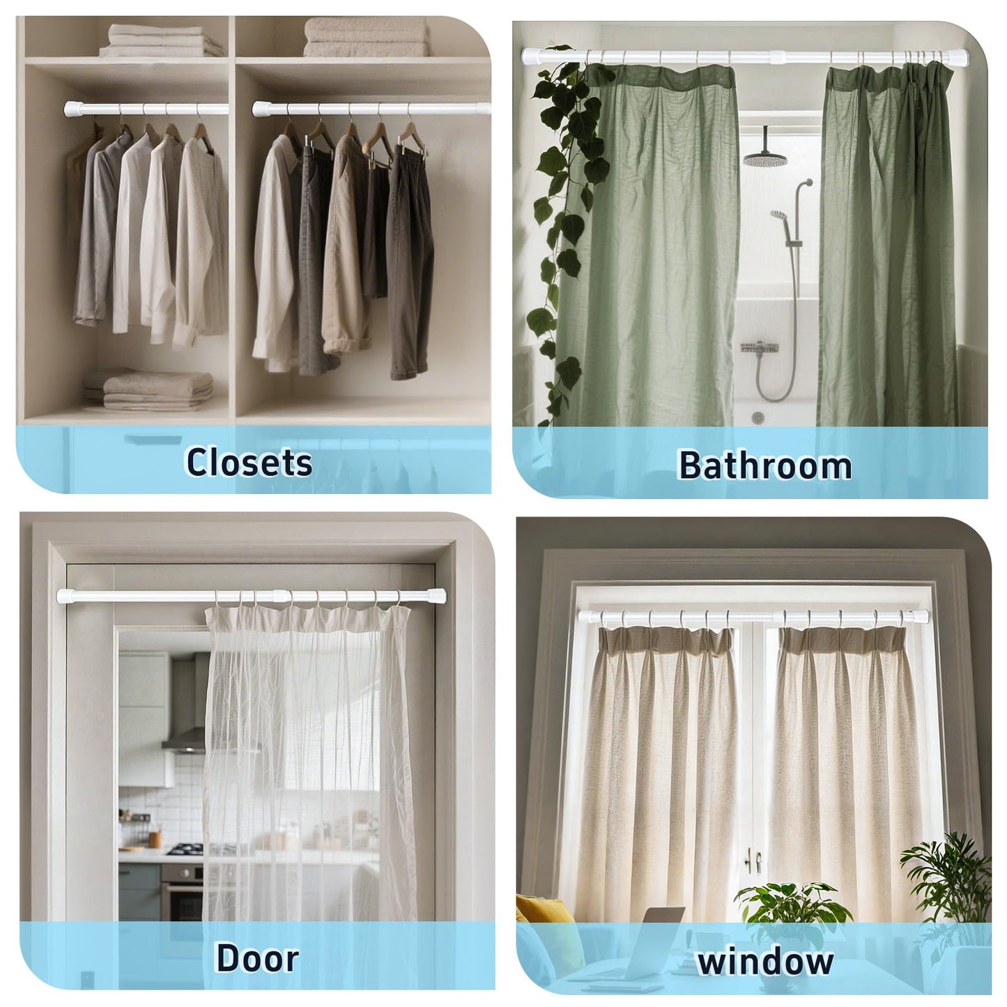 Caserry Shower Curtain Rods Pack of 2, 41-75 Inches Rust-Resistance Adjustable Spring No Drilling Tension Rods for Bathroom Kitchen Bedroom and Window, White