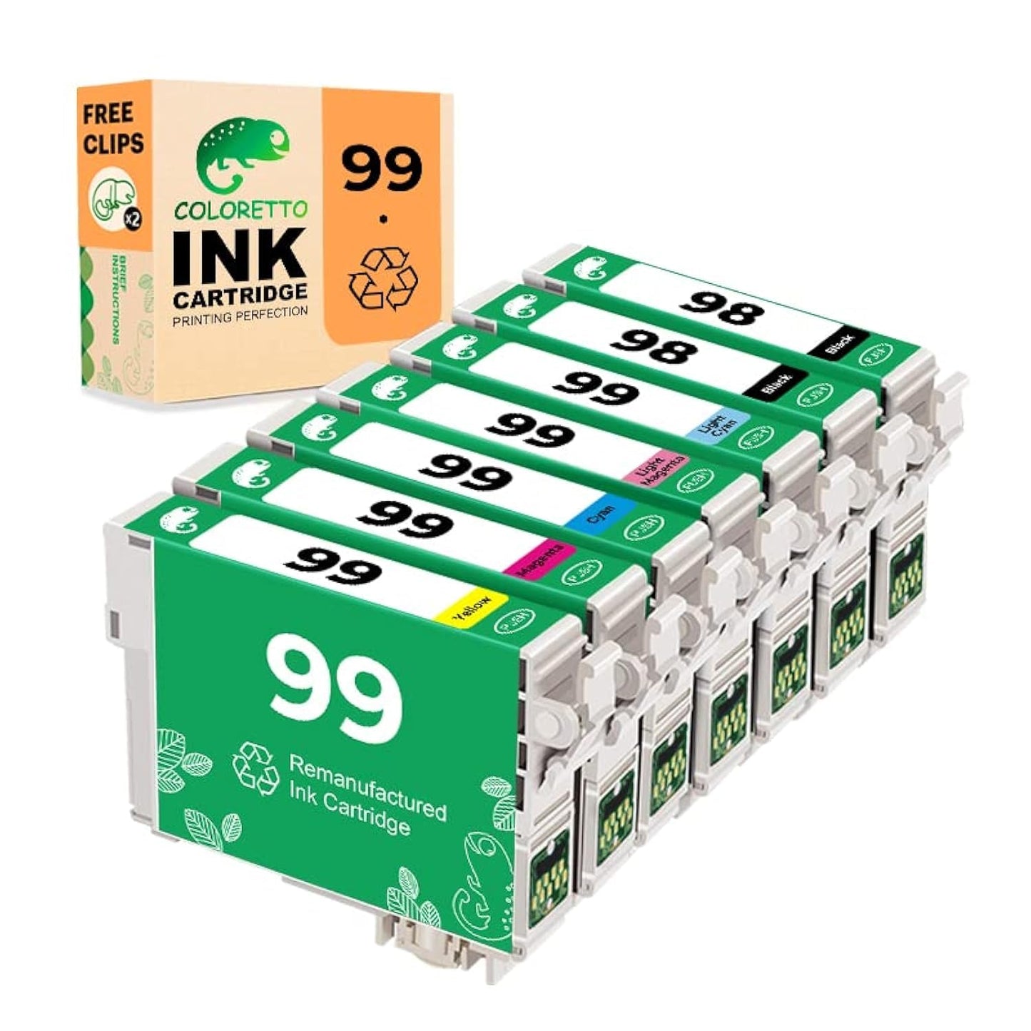 COLORETTO Ink Cartridges for Epson 99 & 98 Artisan 837 835 810 800 730 710 700 Printers Remanufactured T099 T098 2 Black 1 Cyan 1 Magenta 1 Yellow 1 Light Cyan 1 Light Magenta 7-Pack