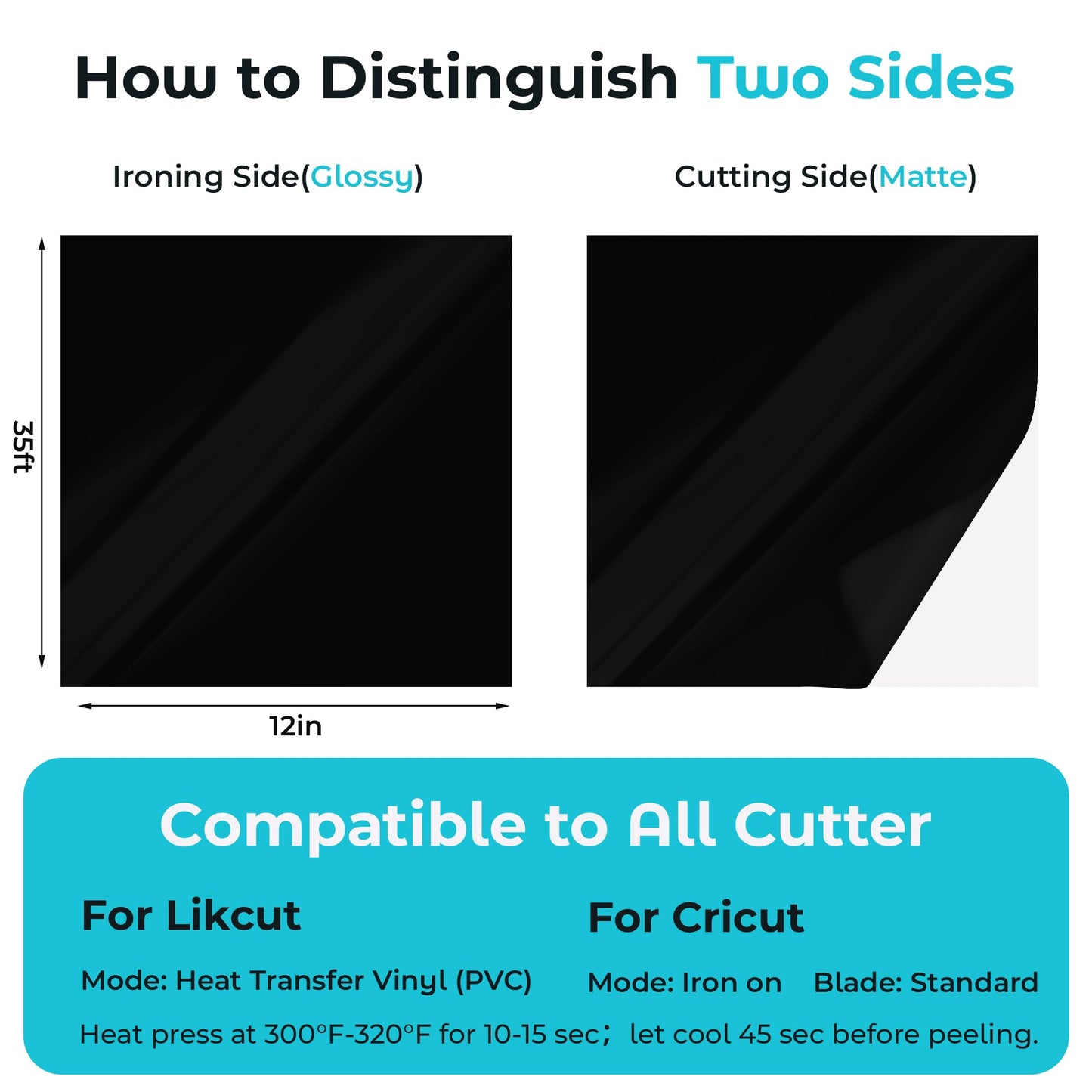 Likcut Heat Transfer Vinyl Black for T-Shirts 12" x 35ft Iron on Vinyl Roll Compatible with All Cutter Machine, HTV Heat Press Vinyl-Easy to Cut & Weed for Fabric Design