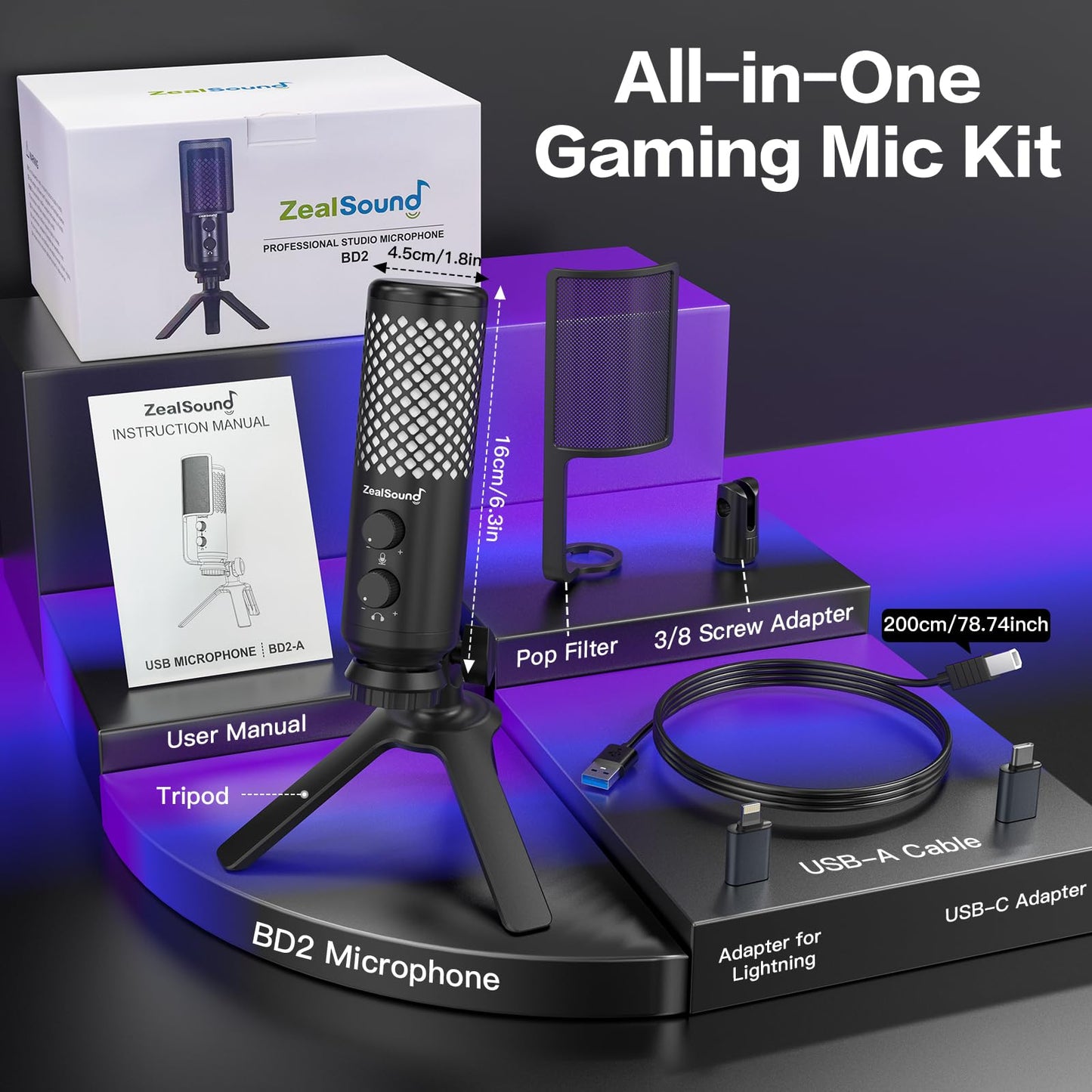 ZealSound Podcast Microphone for PC/Mac/iPhone/Phone – 96kHz/24bit USB Condenser Mic with Noise Reduction, Tap-to-Mute, Gain Control, Zero-Latency Monitor, RGB Light for Streaming, Gaming, Recording