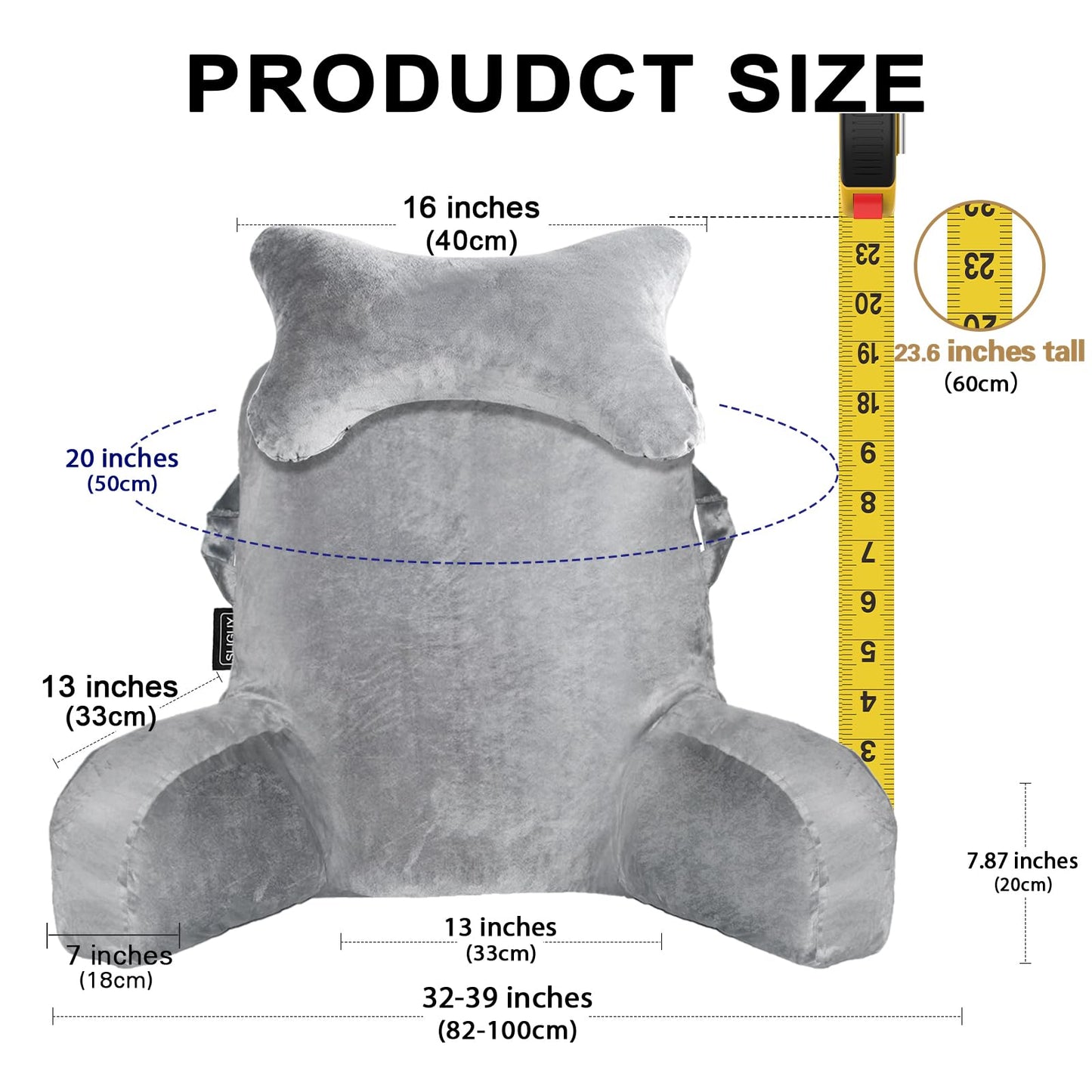 SLIGUY Reading Pillow for Sitting in Bed Couch Adult, Back Pillow with arm Support and Pockets, Adult Back Pillow Bed Chair for Bed Rest, Reading, Watching TV, Gaming for Boys and Girls Light Grey