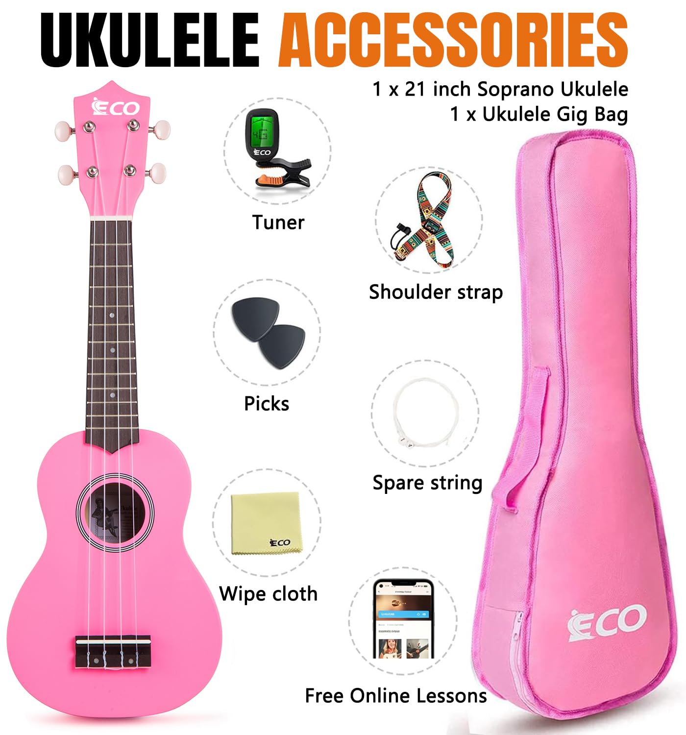 Soprano Ukulele Beginner Kit 21 Inch Ukelele w/Free Online Lesson Case Strap Tuner Strings Picks, Fast to Learn