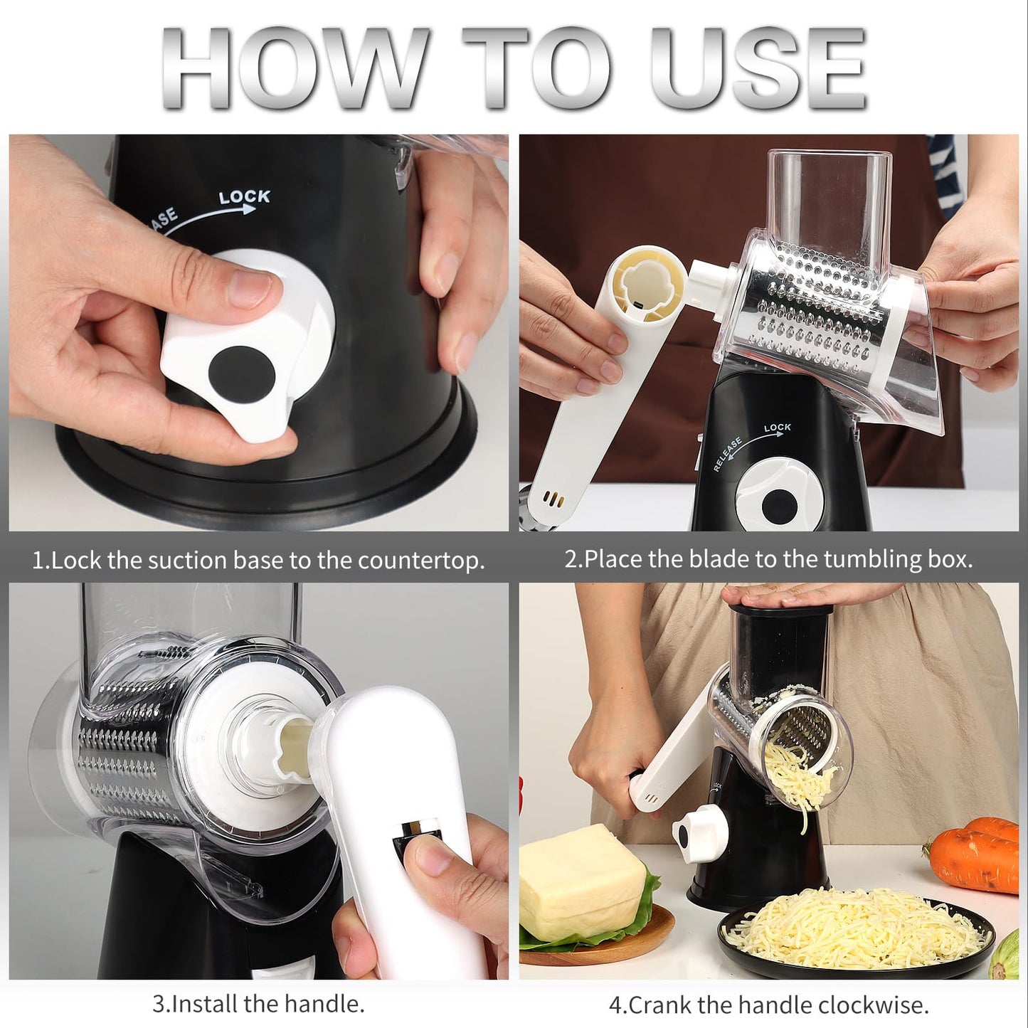 Cambom Rotary Cheese Grater Hand Crank Cheese Shredder for Fresh Cheese, Vegetable, Nuts,Non-Slip Suction Base, Free Cleaning Brush Three Blades, Black