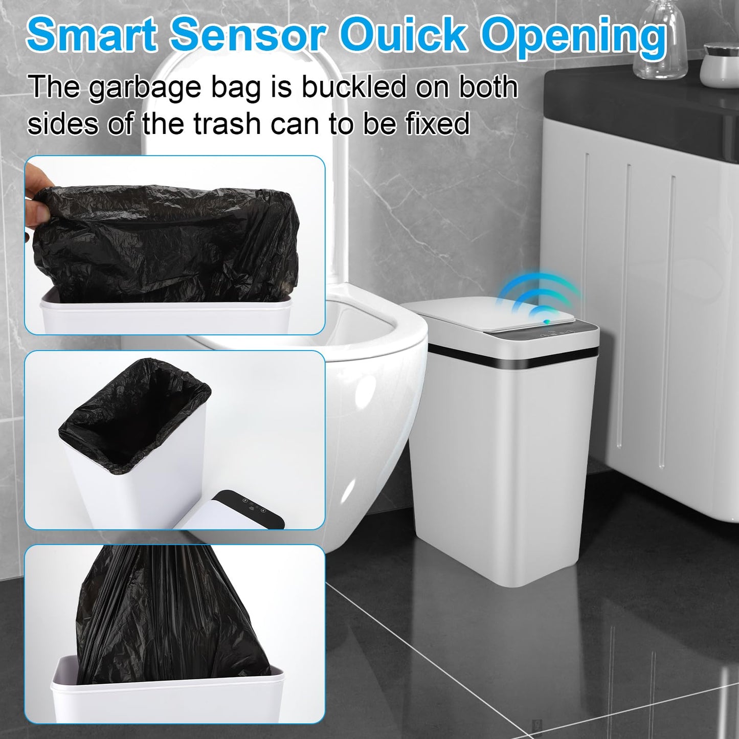 2Pack Bathroom Trash can,Smart Touchless Trash Can,Automatic Motion Sensor Compost Bin with Lid,2.4 Gallon Plastic PP Rubbish Can, Kitchen, Bathroom, Office, Bedroom Trash can (White+White)