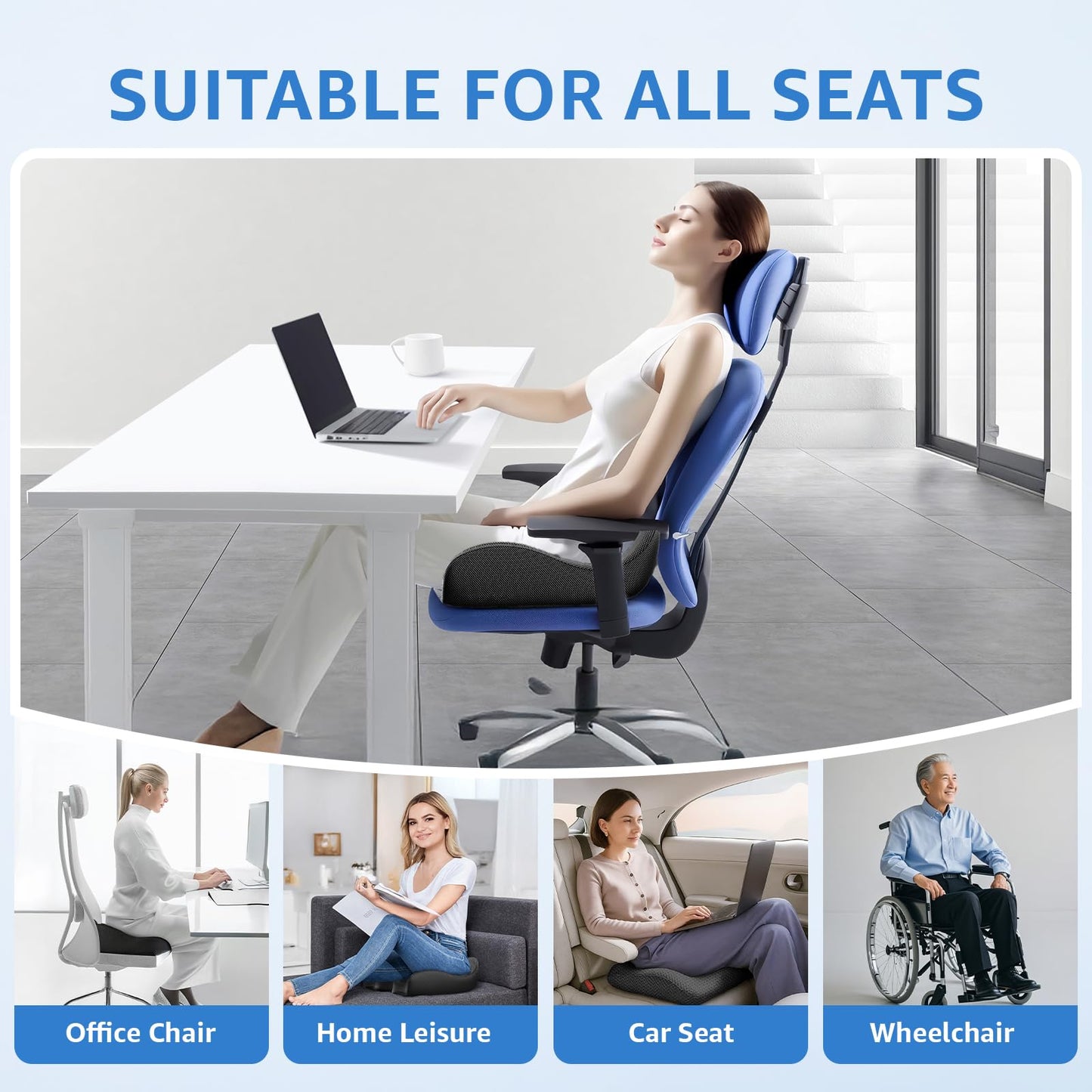 Comfortable Seat Cushions for Office Chairs, Coccyx Cushion for Tailbone Pain Relief - 19" W x 17" Extra Large Ergonomic Memory Foam Chair Seat Cushion with Removable Cover (Black and Extra Cover)