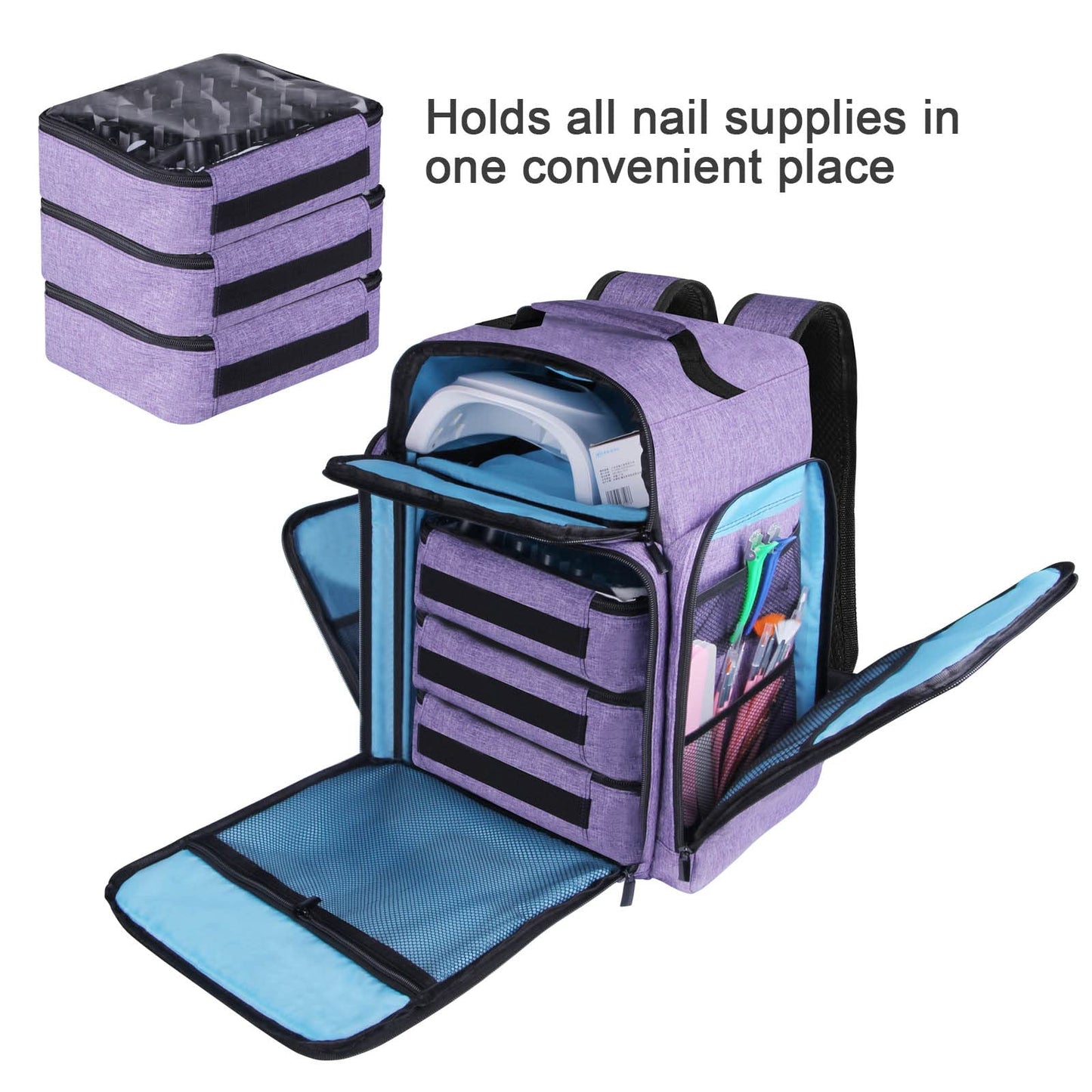 Famard Nail Polish Organizer Backpack Holds 108 Bottles(15ml - 0.5 fl.oz) and a Nail Lamp, with 3 Removable Storage bag for Nail Tech(Purple)