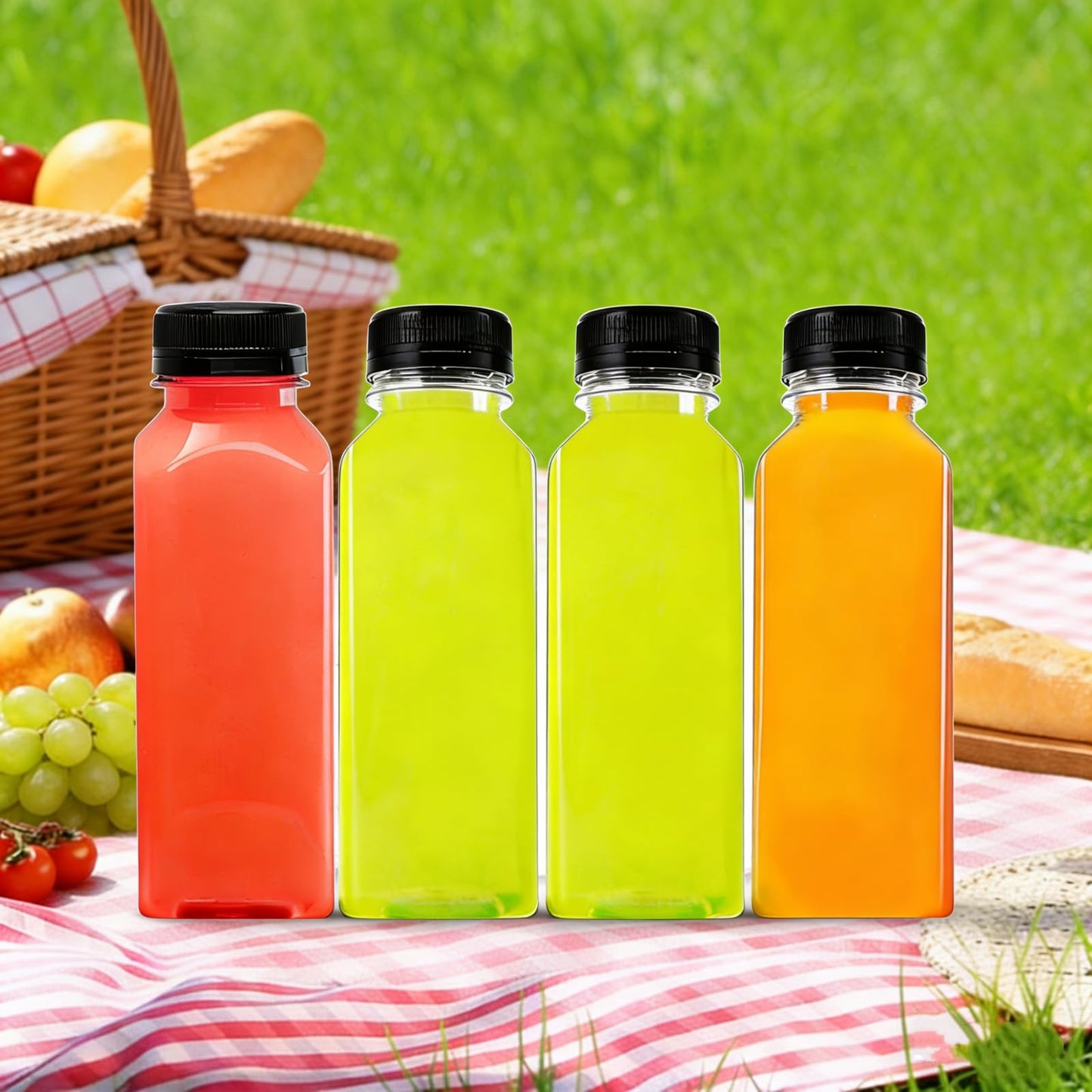 Cedilis 20 Pack 12oz Plastic Juice Bottles with Black Cap, Clear Reusable Containers with Lids, Great Disposable Bottles for Making Juice, Milk, Salad Dressing, Smoothie and Other Beverages