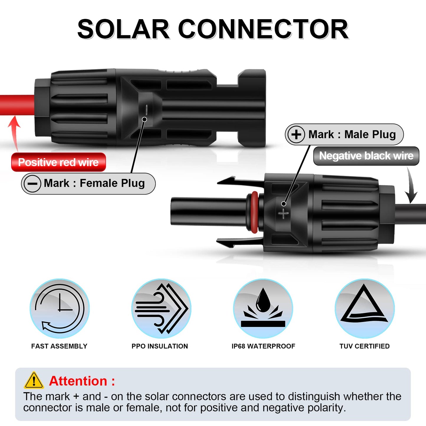 iGreely 20 Feet 10AWG Solar Extension Cable with Female and Male Connector Solar Panel Wire Adapter (20FT Red + 20FT Black)