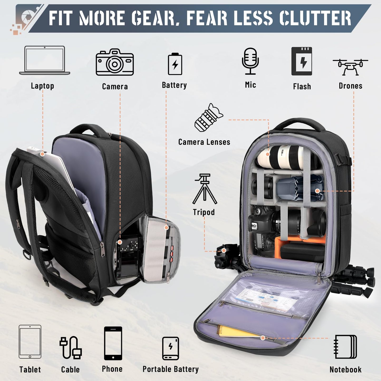 RAINSMORE Camera Backpack Hard Shell for DSLR/SLR Waterproof Camera Bag with Laptop Compartment 15.6 Inch Professional Camera Case with Rain Cover Photography Backpack Bag with Camera Lens Case Black