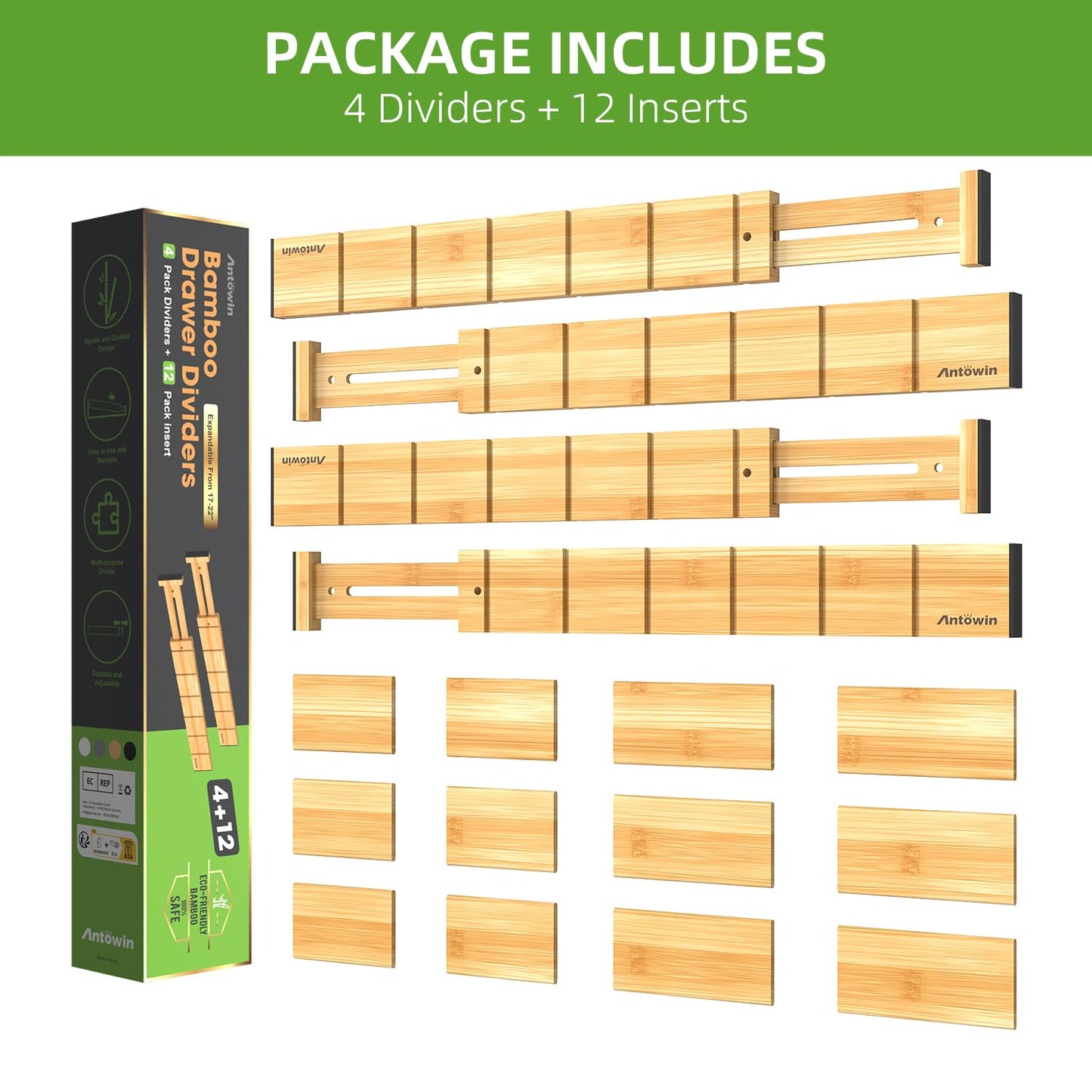 ANTOWIN 4 Pack Expandable Drawer Dividers, 2.2'' High, Extend from 17'' to 22'', Dresser Drawer Organizers, Bamboo Separators for Kitchen, Bedroom, Office, with 12 Pack Divider Inserts (Natural)