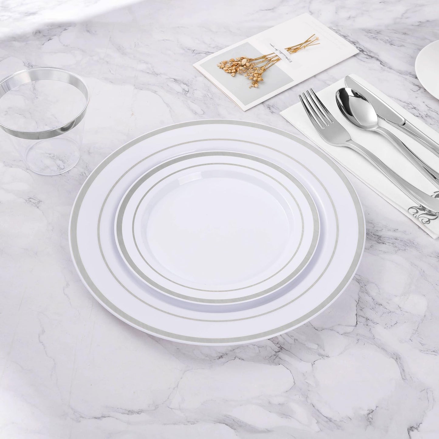 BESTVIP 100PCS Silver Plastic Plates, Disposable Party Plates with 50 Dinner Plate and 50 Dessert Plate for Party, Wedding and Birthday