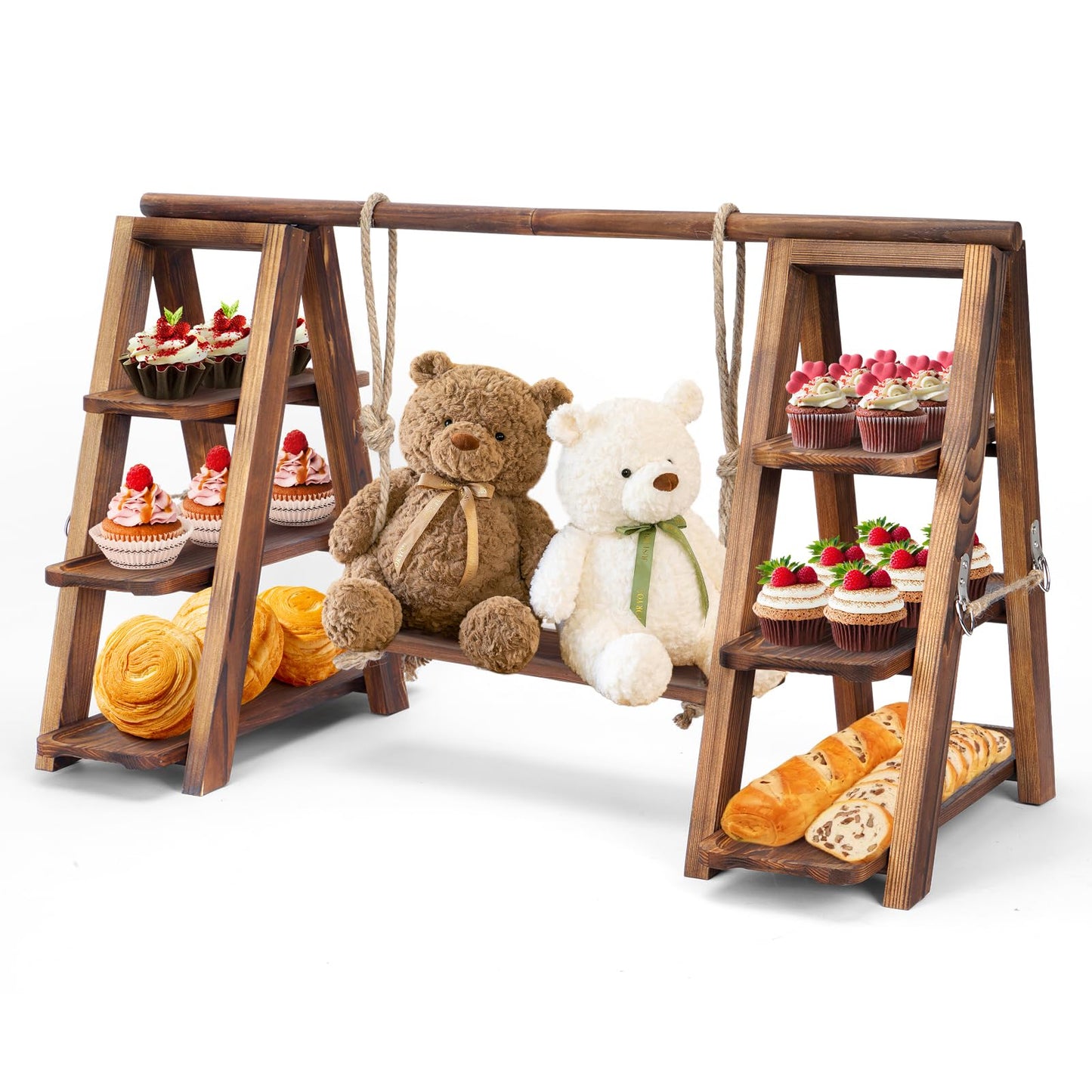 bimiti Wooden Double Dessert Table Display Set Rack 3 Tier Serving Tray Solid Wood Ladder Stand Wedding Cupcake Stand Dark Walnut Decorative Tray for Cake Snack Fruit Chips Bread Centerpieces