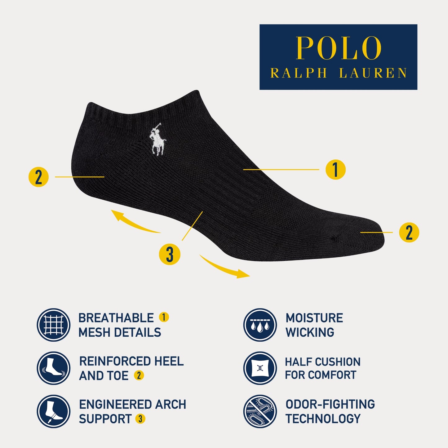 Polo Ralph Lauren Men's Classic Sport Solid Low Cut Sock 6 Pack, Black, Men's Shoe Size: 6-12.5, Black, 6-12.5