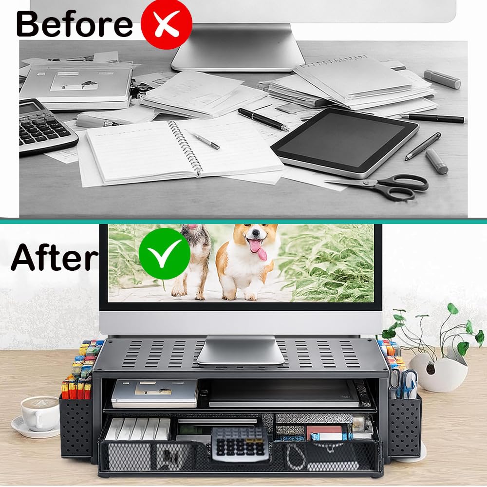 Computer Monitor Stand Riser, 2-Tier Metal Desk Organizer with Drawer & 2 Pen Holders Storage for Desktop, Laptop Stand, Office Desk Accessories for Home Office Supplies (Black 2)