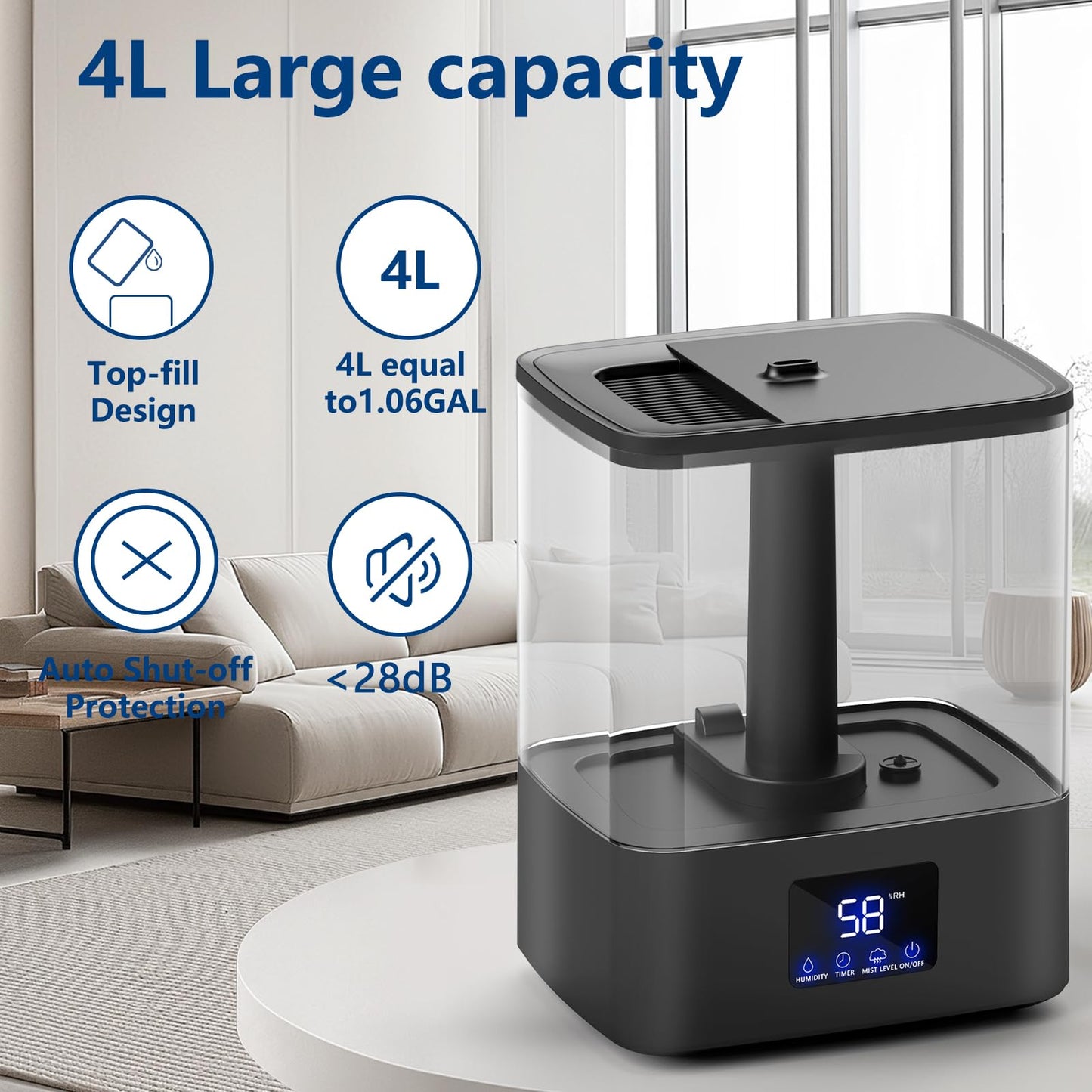KZF Top Fill Humidifiers for Bedroom & 60H Runtime - Cool Mist Humidifier, 3 Mist Levels, 8H Timer, Essential Oil Tray, Humidity Display, Quiet for Bedroom, Baby, Plants, Large Room (4L)