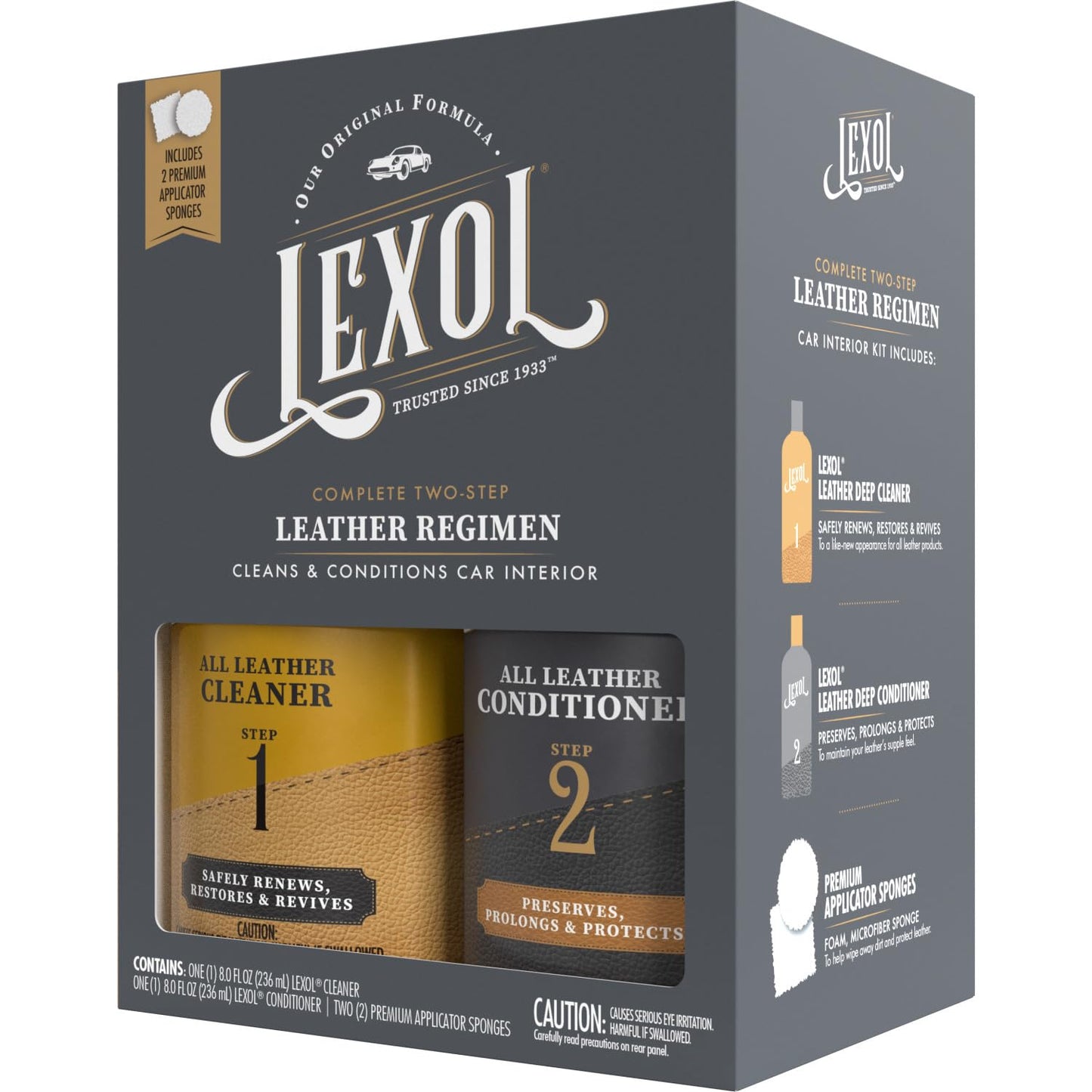 Lexol Conditioner Cleaner Kit, Use on Car Leather, Furniture, Shoes, Bags, and Accessories, Quick & Easy Step Regimen, 8 oz Bottles, Includes Two Application Sponges