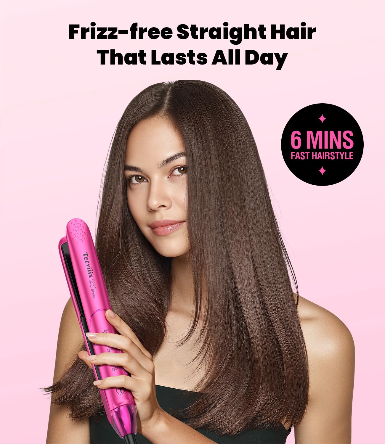 Terviiix 1 Inch Ceramic Flat Iron, Plancha De Cabello Profesional, Non-Snagging Plates, 3X Less Damage, 15s Fast Heating | Hair Straightener and Curler 2 in 1, 5 Adjustable Heat Settings, Hot Pink