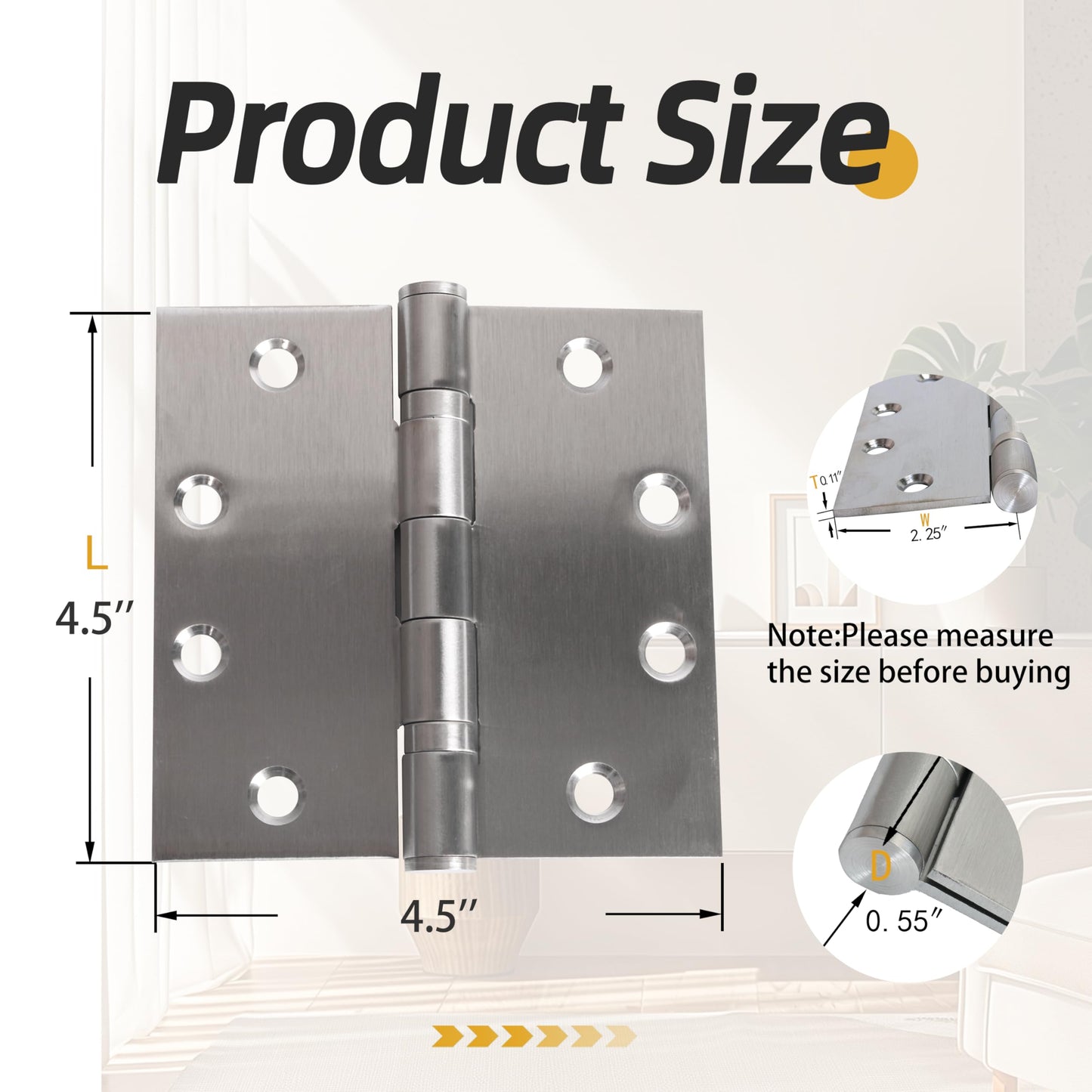 4.5 inch X 4.5 inch Heavy Duty Commercial Door Hinge with Silent Steel Plain Ball Bearing, 3 mm Thickness Stainless Steel, Square Corner with 144 Screws (6-Pack)