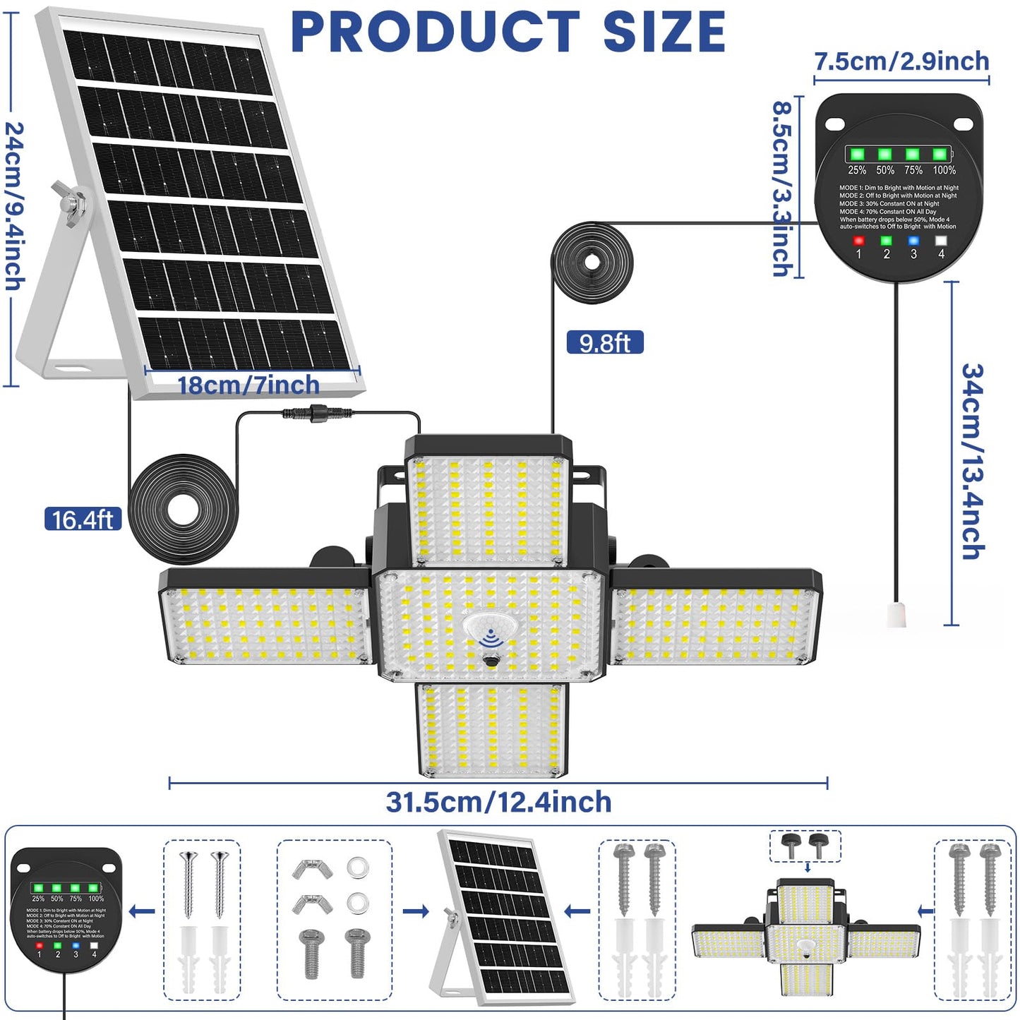 Solar Shed Light Indoor Outdoor, 2000LM 268LED Solar Pendant Light with Motion Sensor, Day & Night Available, 4 Lighting Modes, Battery/Mode Indicator, IP65 Waterproof for Shed Garage Gazebo Barn