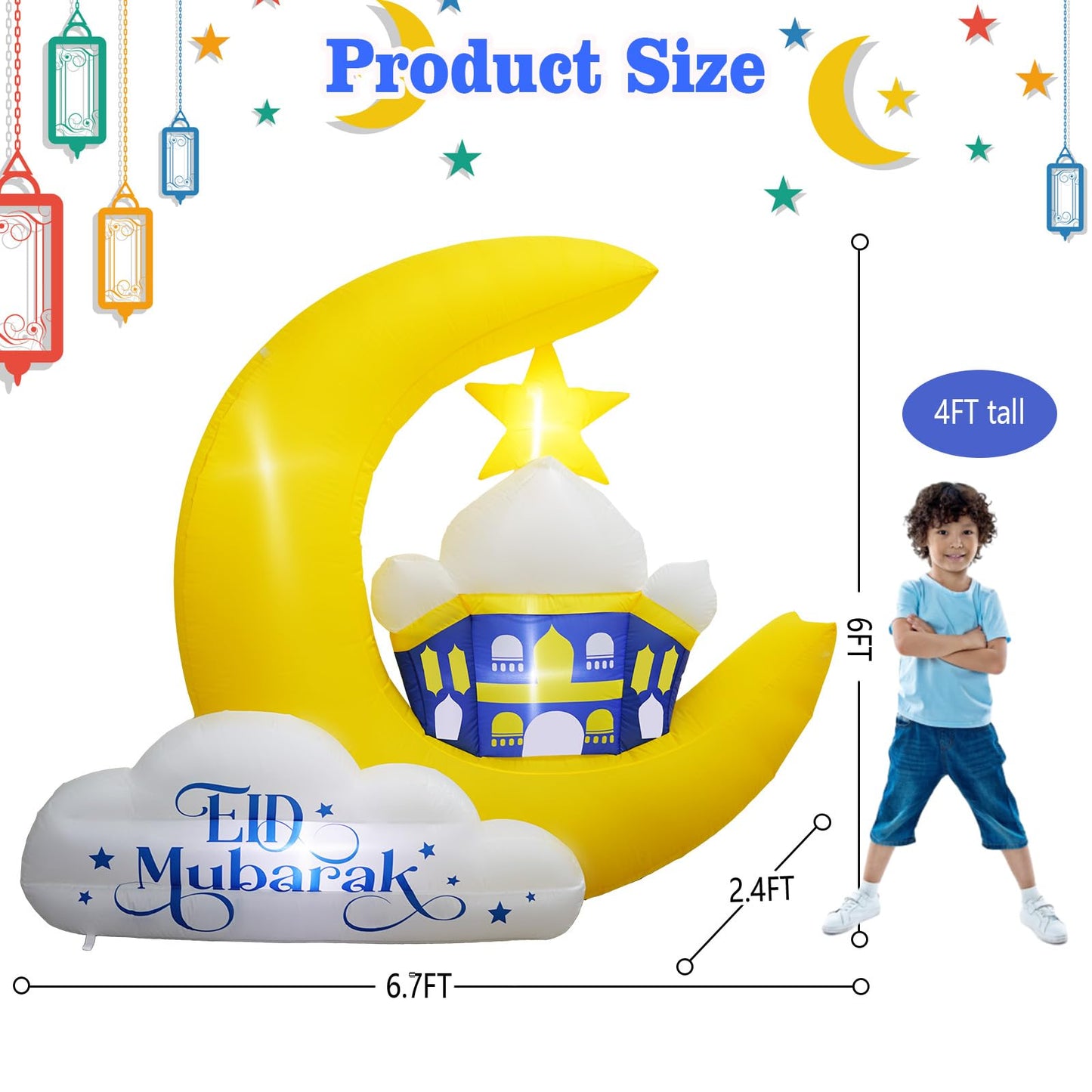 6FT Tall Ramadan Inflatable Outdoor Decoration, Eid Mubarak Inflatable Crescent Moon Decoration, Blow Up Ramadan Mubarak Yard Decor Built-in 4 LED Lights for Muslim Holiday Party, Garden