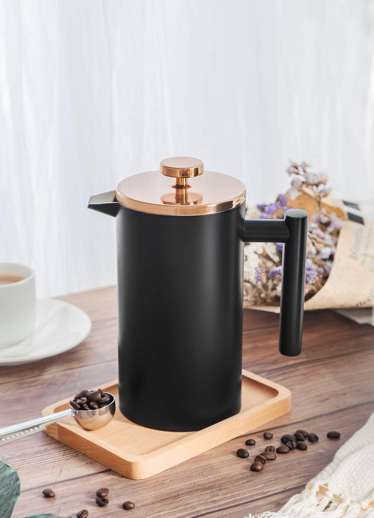 Meelio Small French Press Coffee Maker 600ml/20oz, Stainless Steel Double-Wall Insulated, 3 Level Filtration System with 2 Mesh Screens, 2-4 Cup Black for Home, Camping & Office