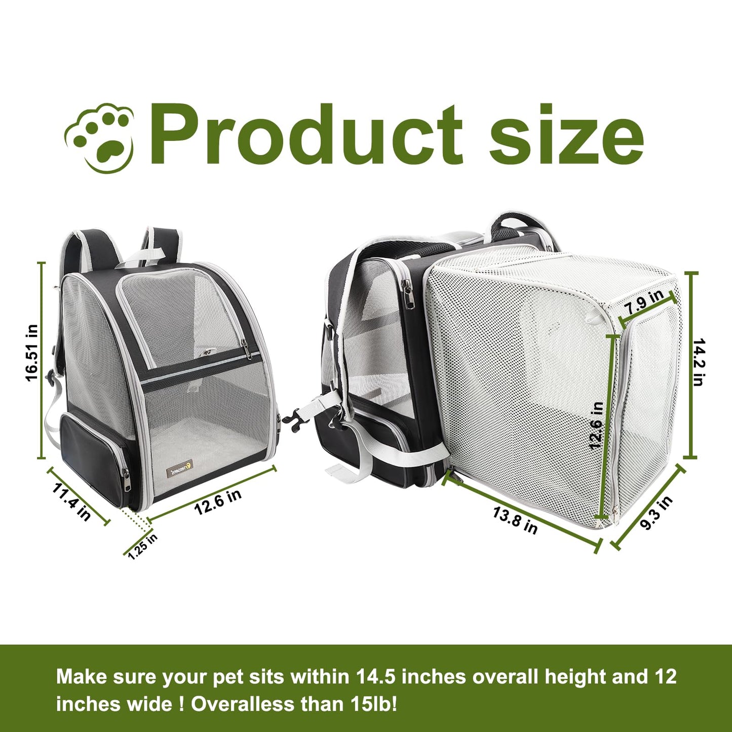 Texsens Cat Backpack - Expandable Pet Carrier for Medium Cats and Small Dogs up to 17 lbs - Breathable, Collapsible & Soft Cat Travel Bag for Outdoor Hiking (Black)