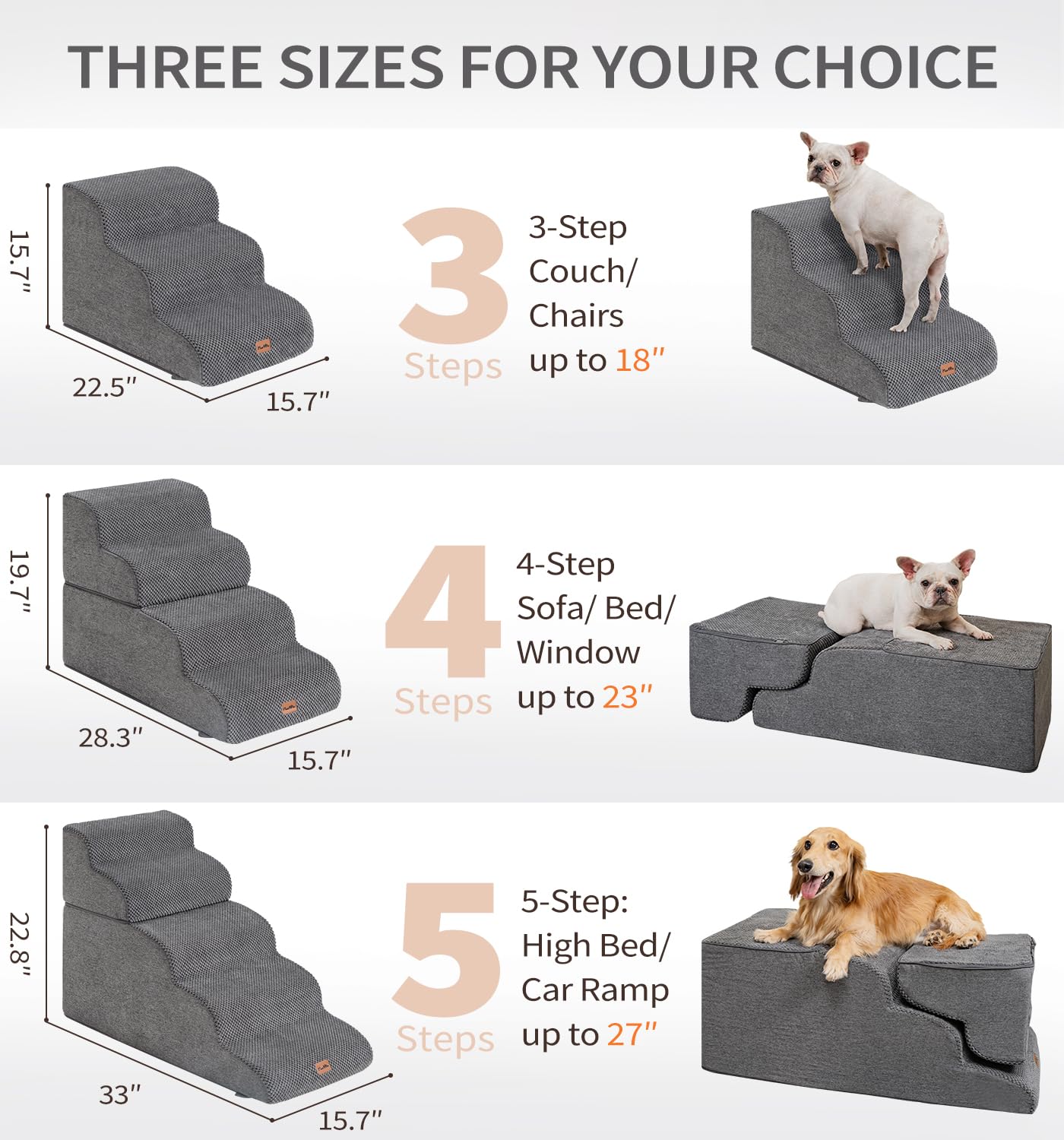 Made4Pets Dog Stairs for Small Dogs High Beds 5-Step, Curved Pet Stairs for Bed Couch Sofa & Chair, 35D Foam Dog Steps with Non-Slip Bottom, Folding Cat Stairs with Leakproof Cover, 22.8" H, Grey