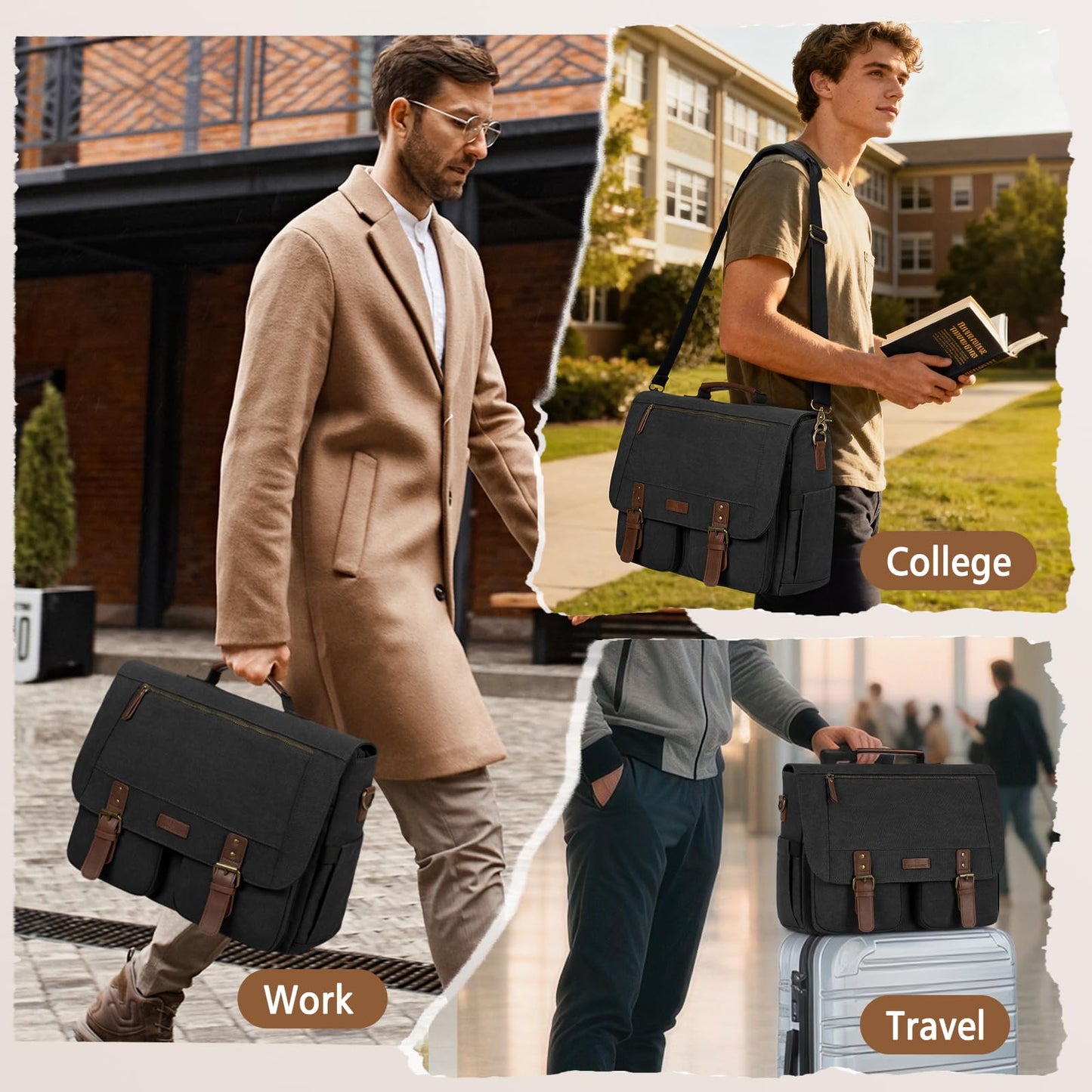 RAINSMORE Messenger Laptop Bag for Men 15.6 Inch , Canvas Briefcase Satchel Computer Shoulder Bag Men's Work Business Office Bag with Padded Compartment, Black