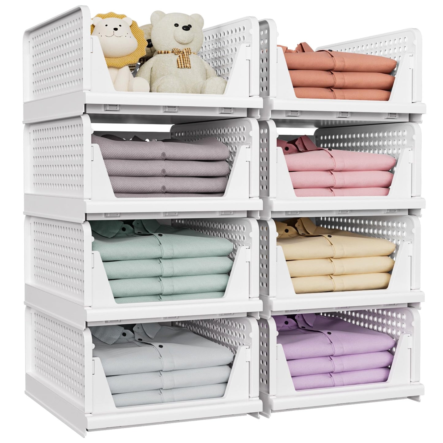 SNSLXH 5 Pack White Stackable Closet Organizer Box, Multifunctional & Foldable Storage Basket for Bathroom, Kitchen, Laundry Room, Wardrobe, Space-Saving Clothes Storage Drawer Organizer