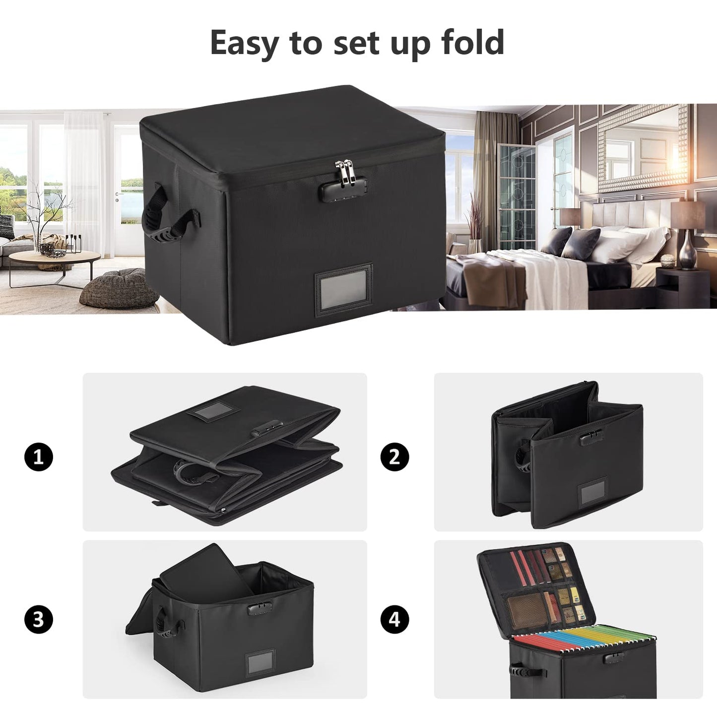 MUIFA Fireproof Document Box, Fireproof File Box with Lock, Collapsible File Storage Box with Zippers and Inserts Bag, Portable Home Office Safe Box for Letter/Legal Folder(Black)