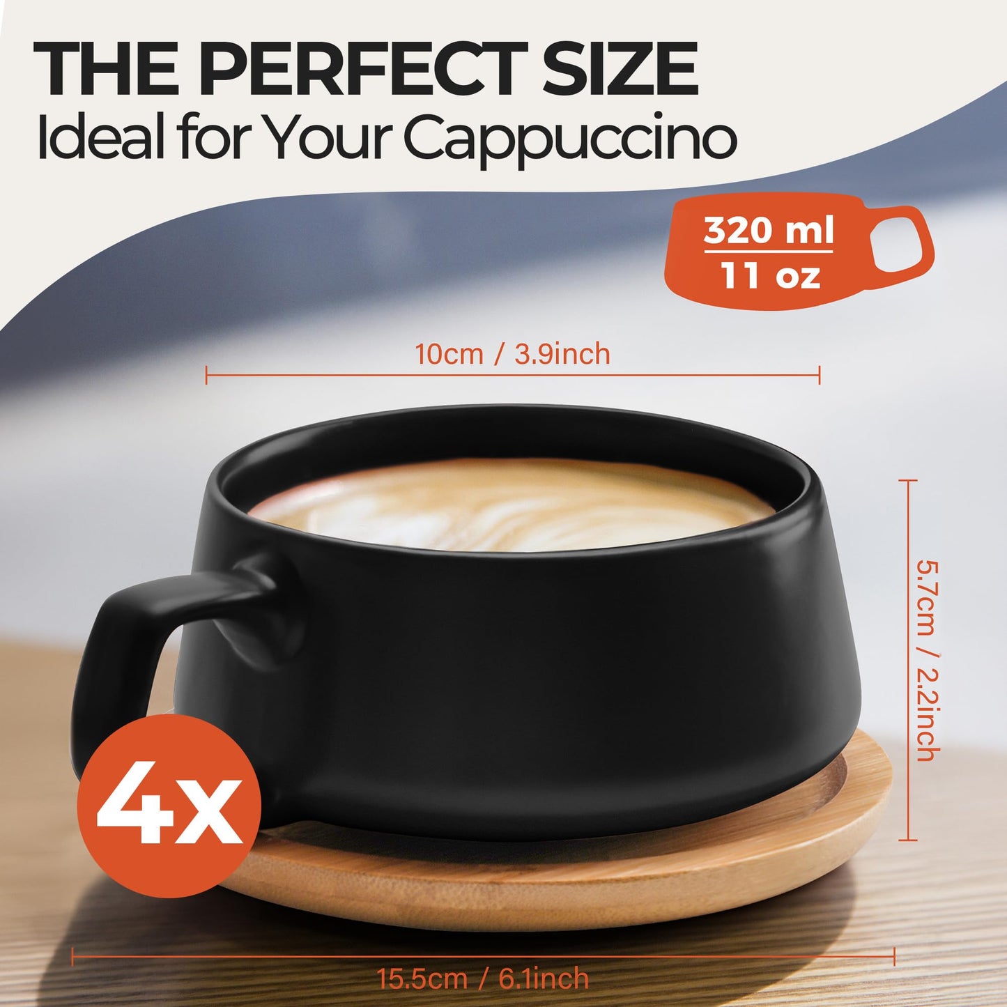 MIAMIO – 320 ml., Set of 4 Ceramic Tea Cup and Saucer Bamboo/Tea Mug - Wide Cappuccino Cup, Coffee Cups Ceramic Mug for Cappuccino, Latte, Espresso & Americano - Luxe Collection (Black)