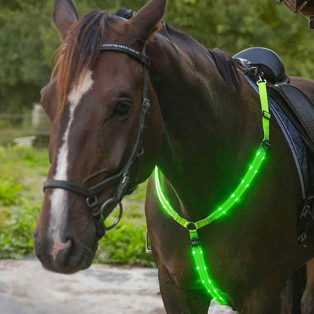 LED Horse Breastplate Collar, Adjustable High Visibility Tack for Horseback Riding Safety Gear (Green)